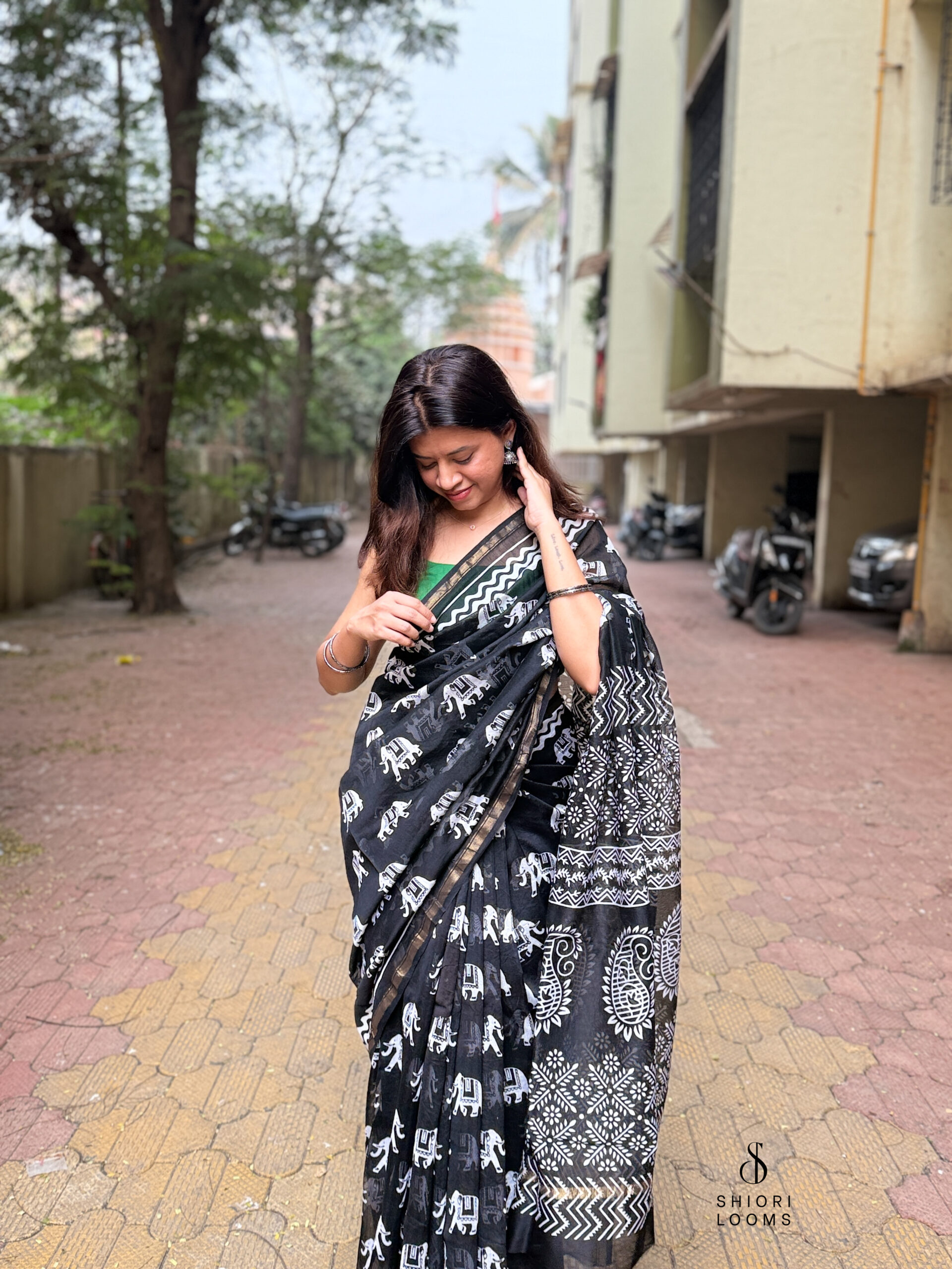 Handblock Printed Chanderi Saree in Black and White