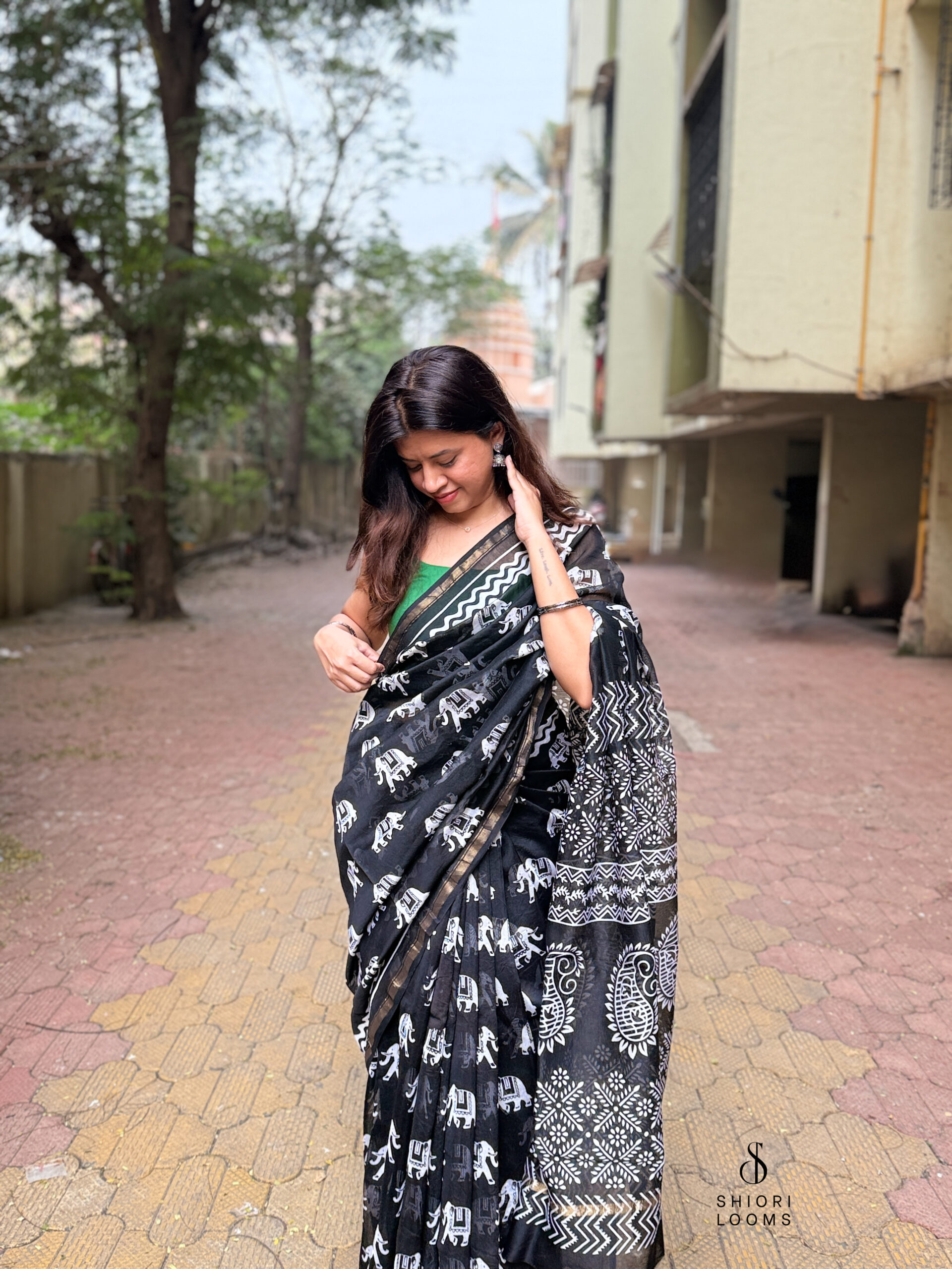 Handblock Printed Chanderi Saree in Black and White