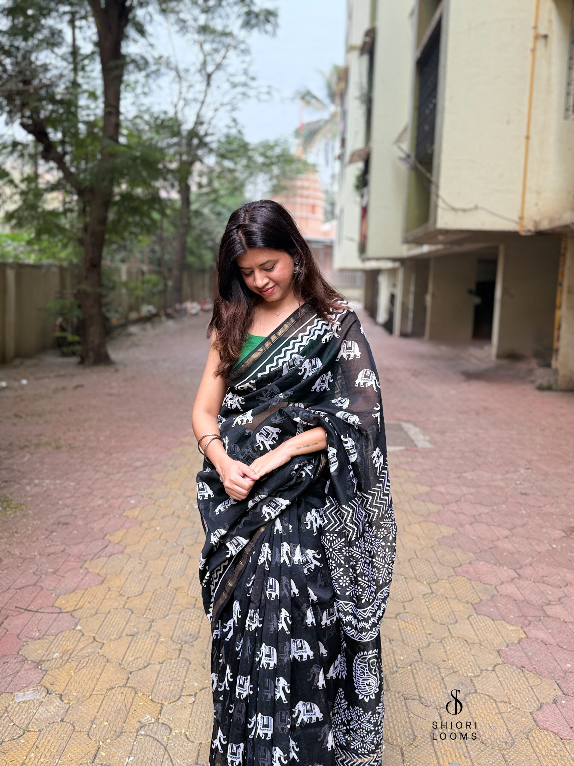 Handblock Printed Chanderi Saree in Black and White