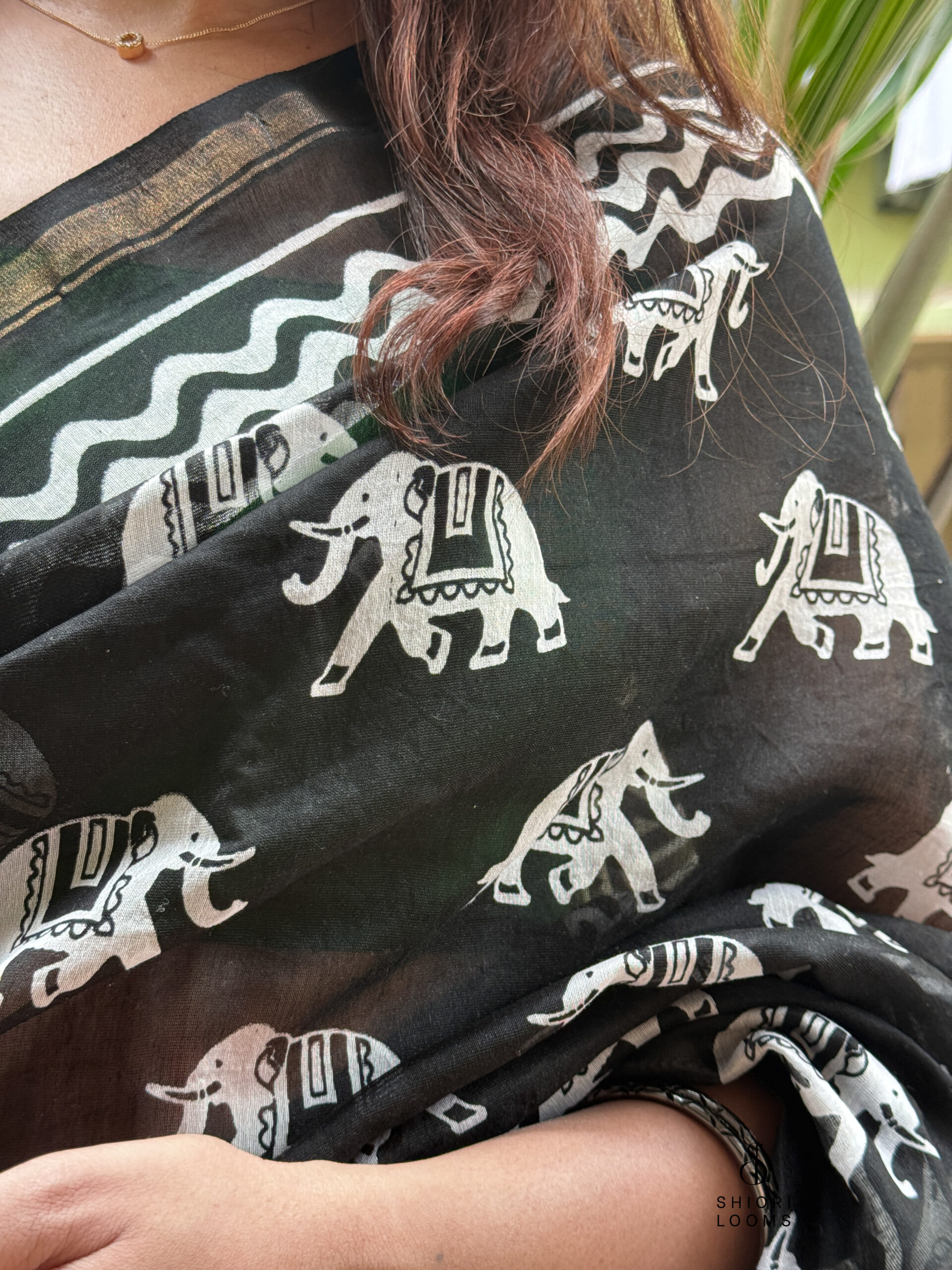 Handblock Printed Chanderi Saree in Black and White