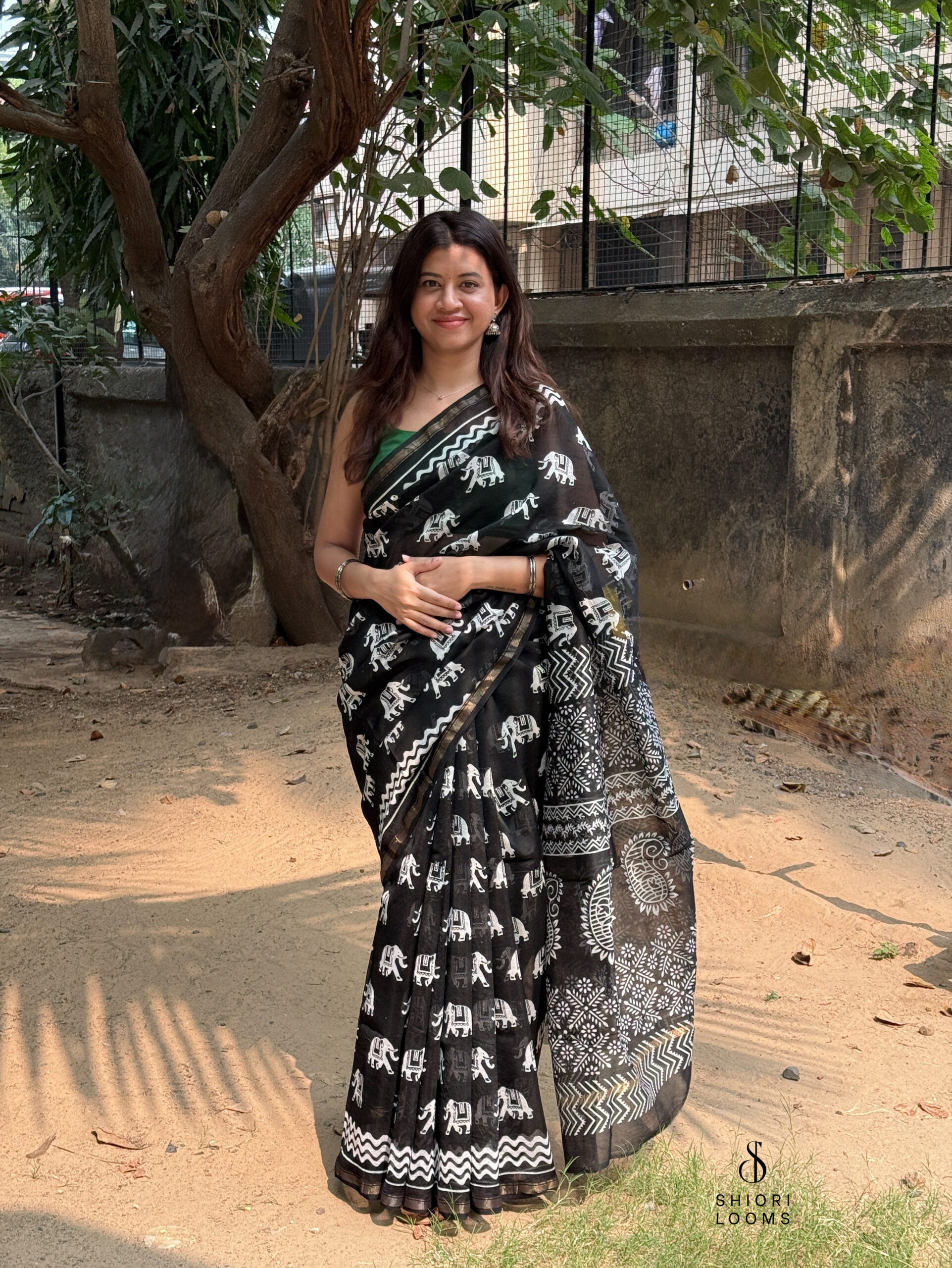Handblock Printed Chanderi Saree in Black and White