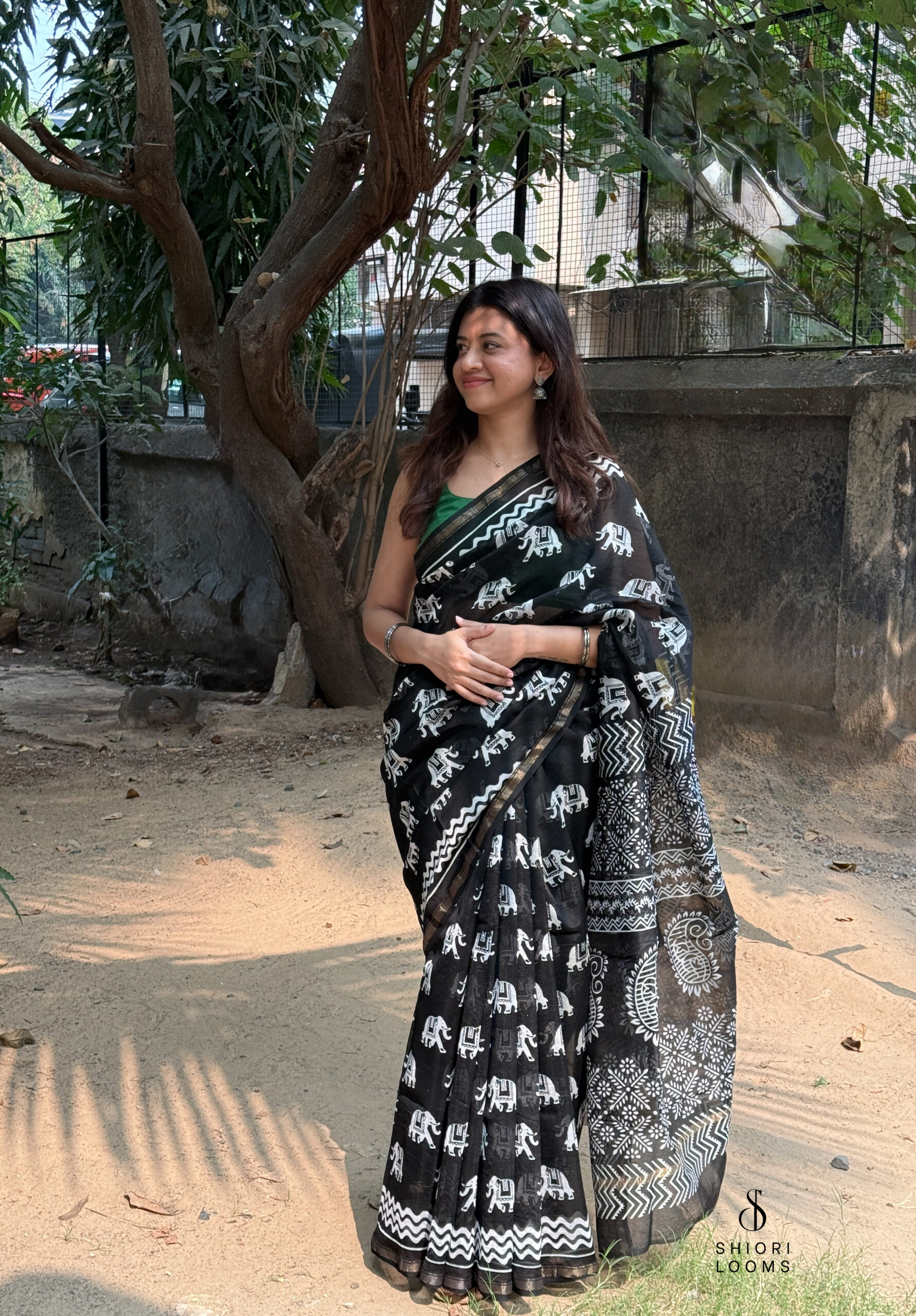 Handblock Printed Chanderi Saree in Black and White