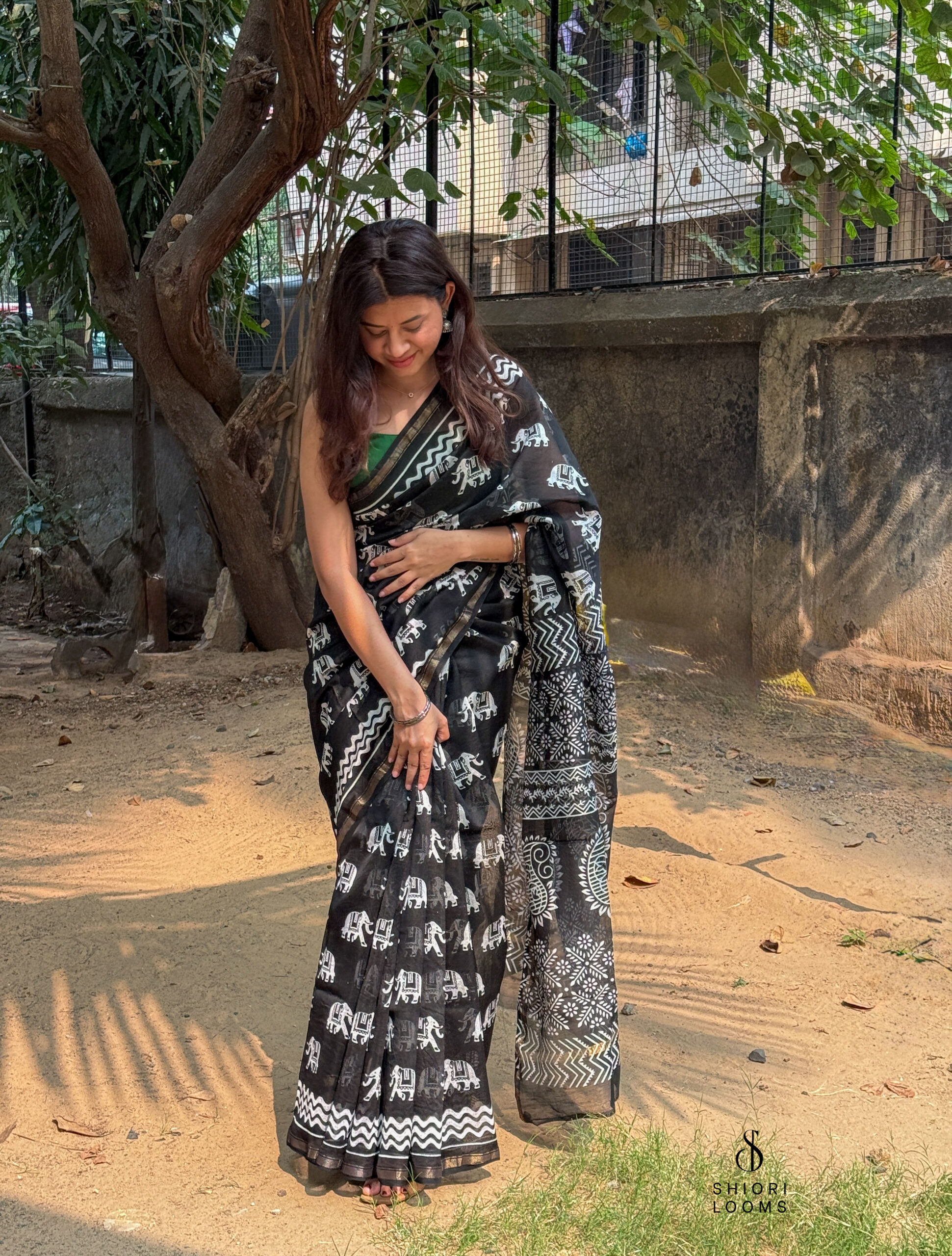 Handblock Printed Chanderi Saree in Black and White