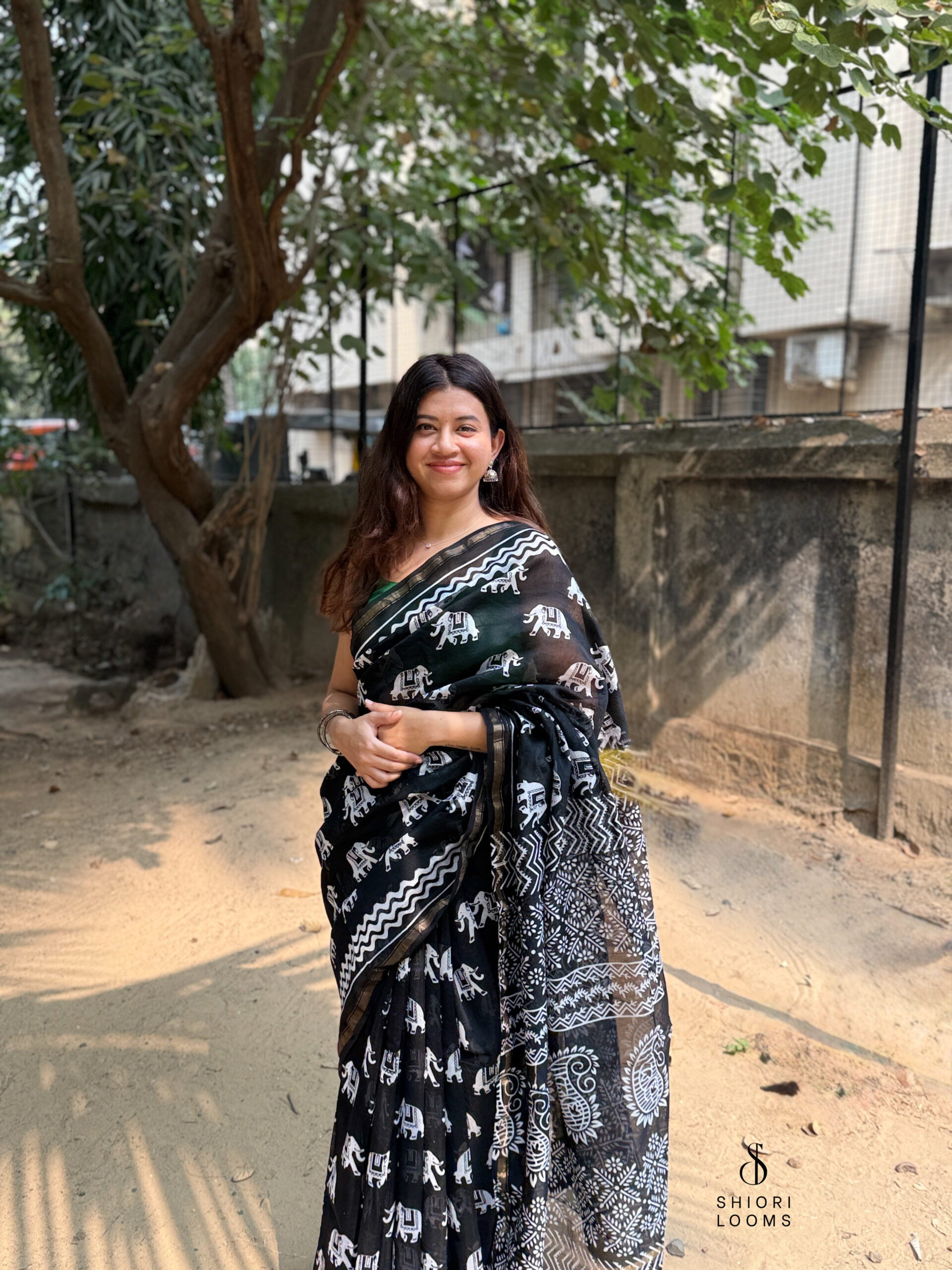 Handblock Printed Chanderi Saree in Black and White