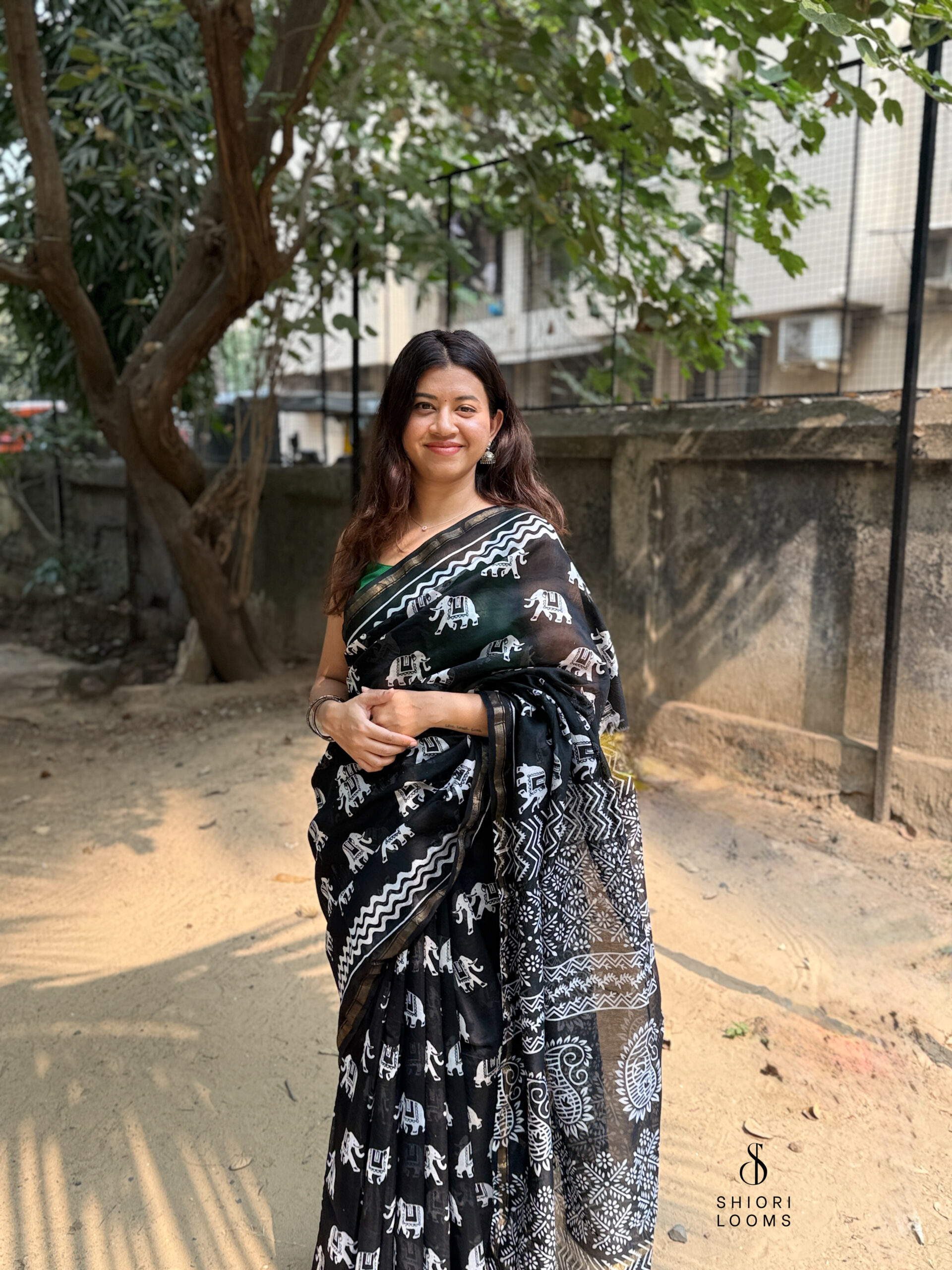 Handblock Printed Chanderi Saree in Black and White