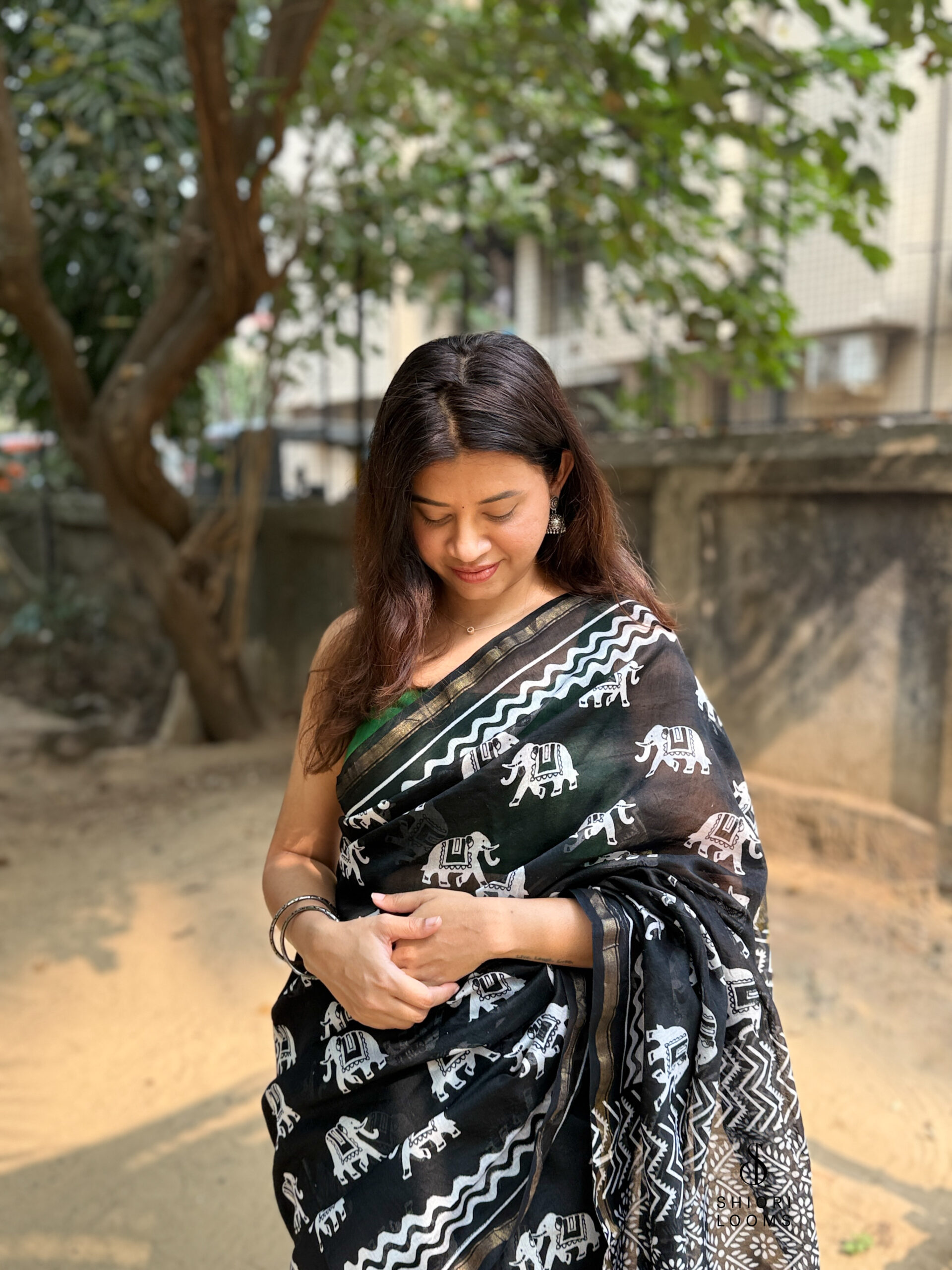 Handblock Printed Chanderi Saree in Black and White