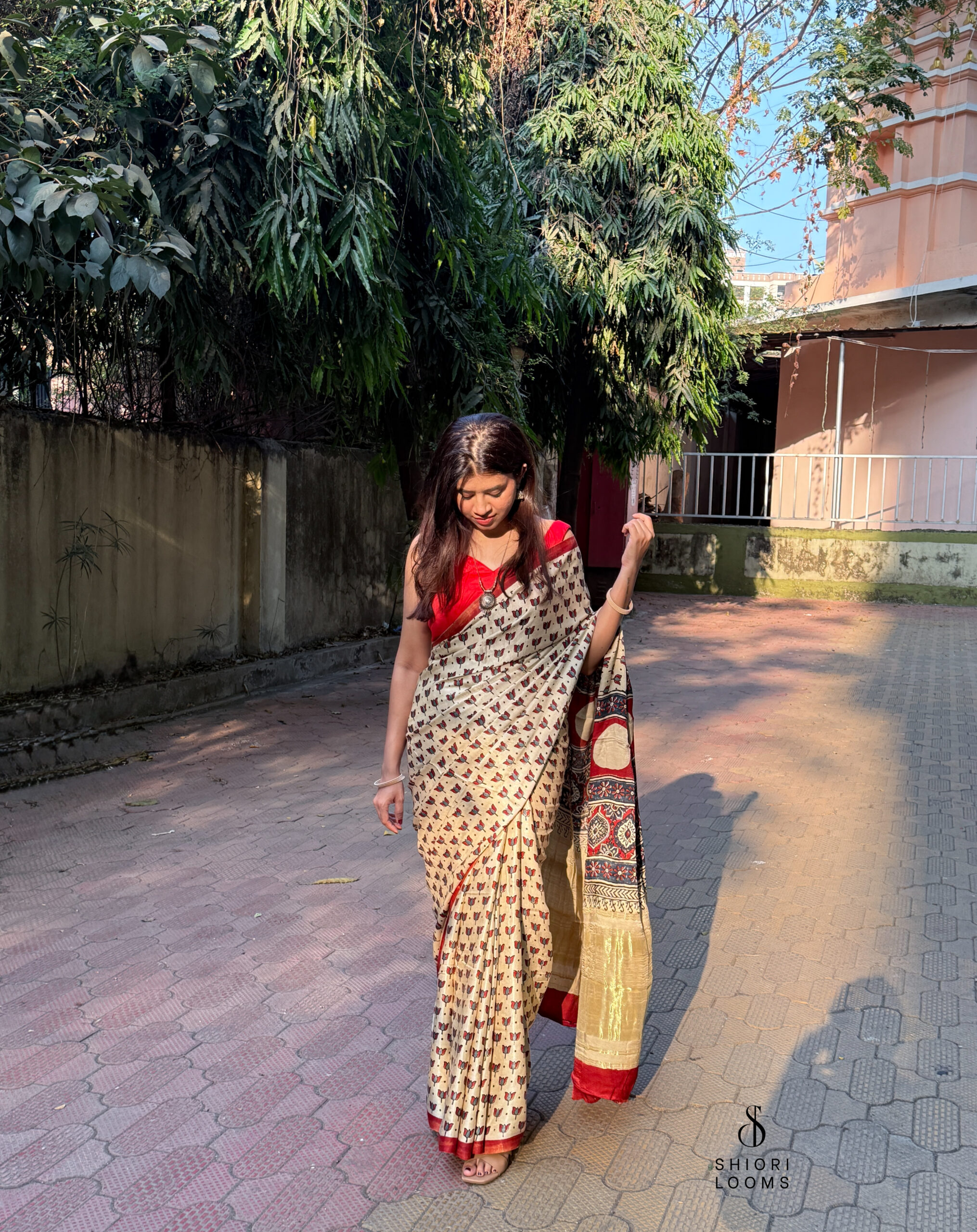 Ajrakh Handblock Printed Gajji Silk Saree in Beige