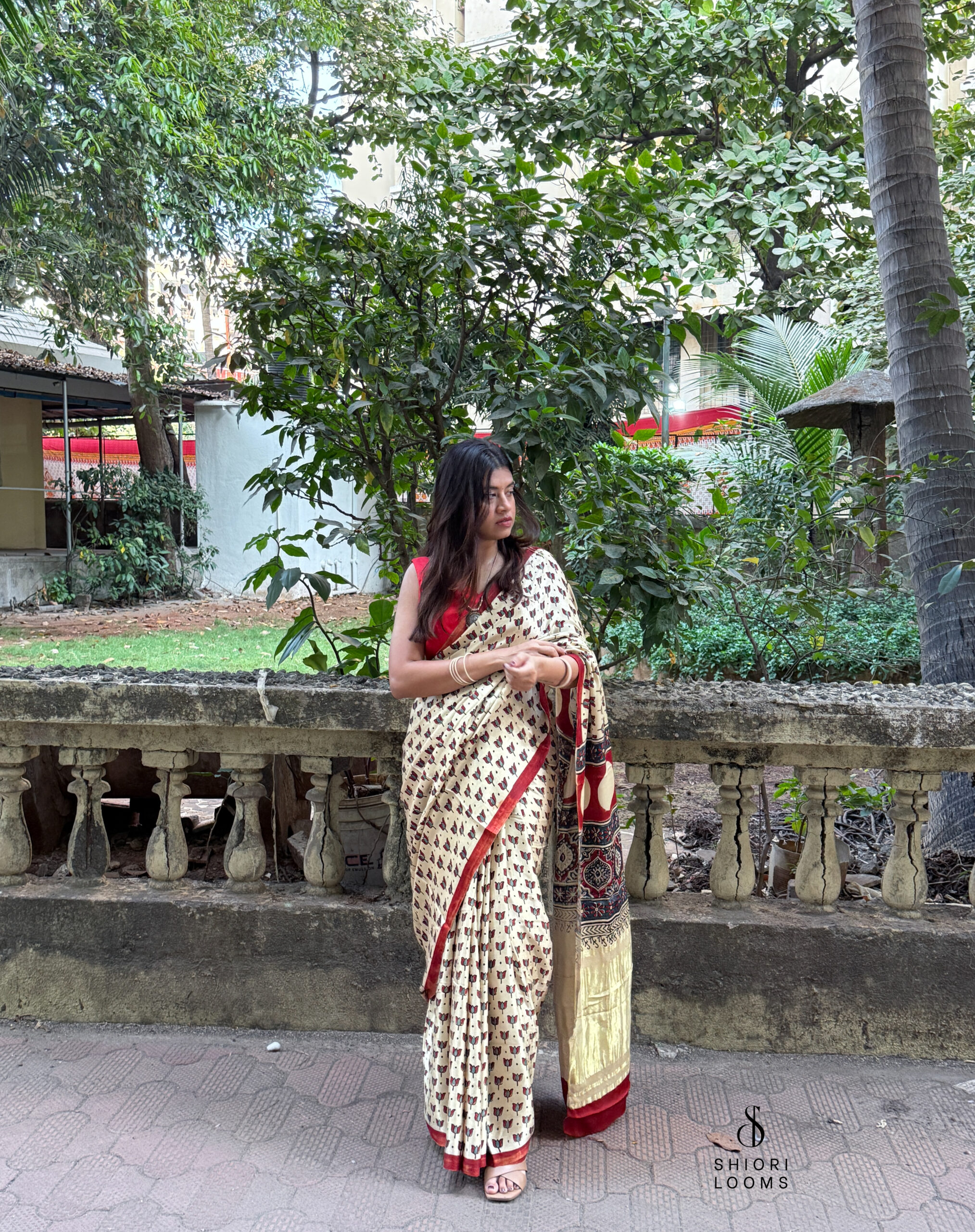 Ajrakh Handblock Printed Gajji Silk Saree in Beige