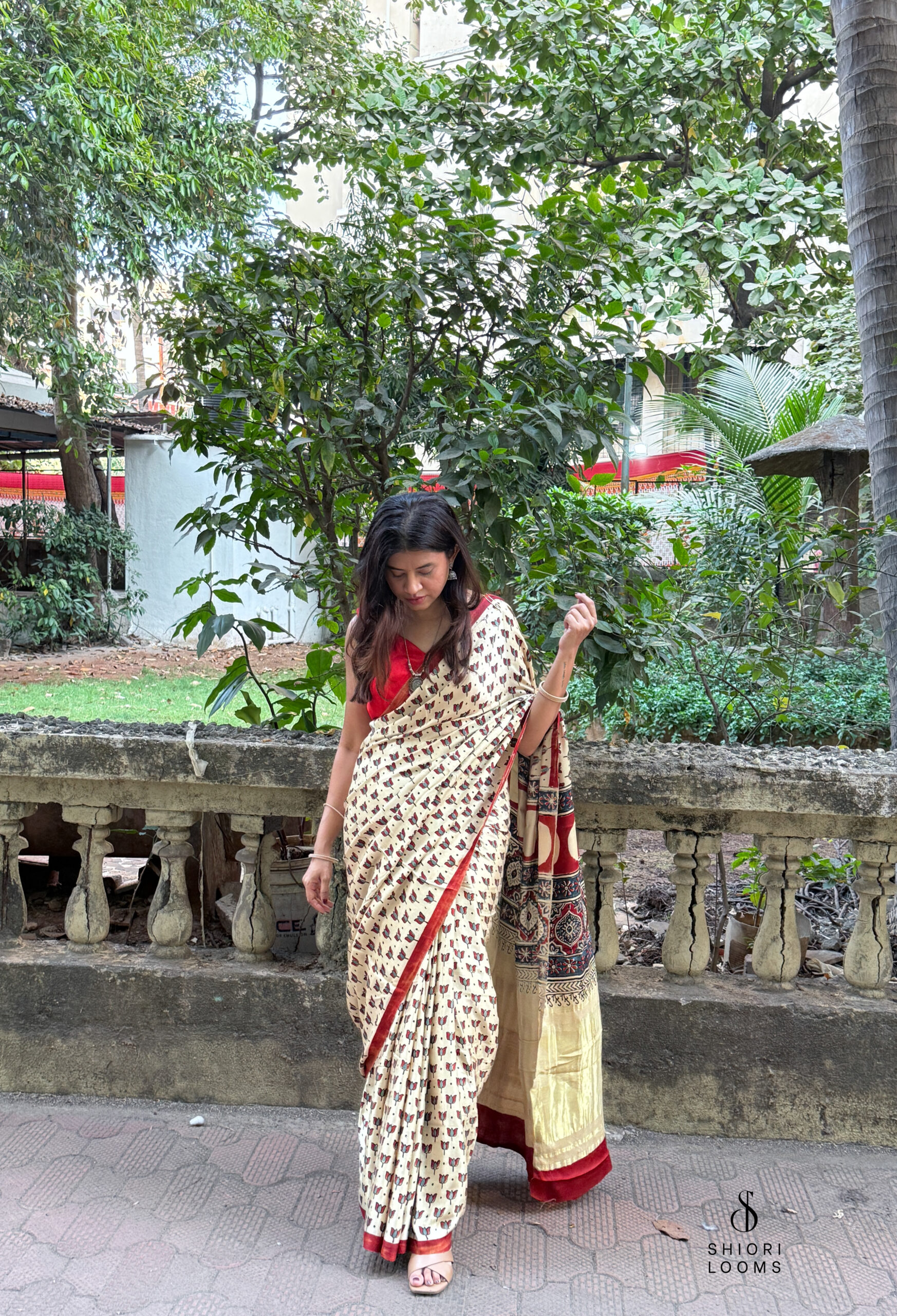 Ajrakh Handblock Printed Gajji Silk Saree in Beige