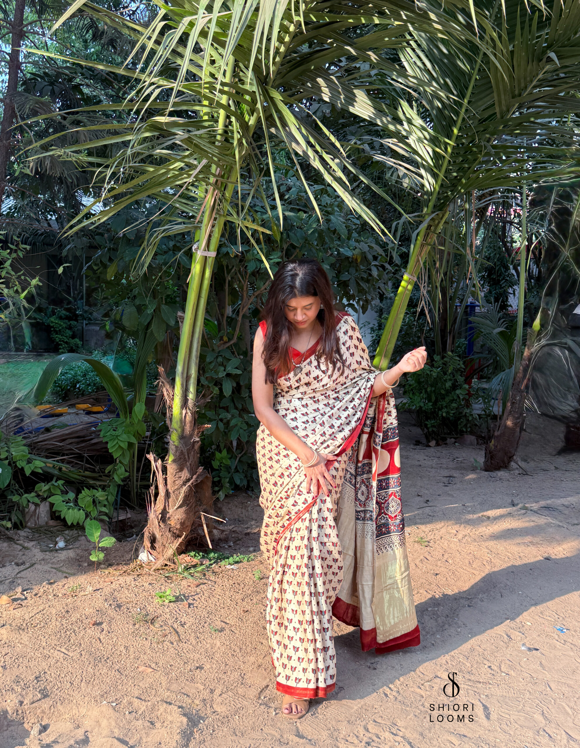 Ajrakh Handblock Printed Gajji Silk Saree in Beige