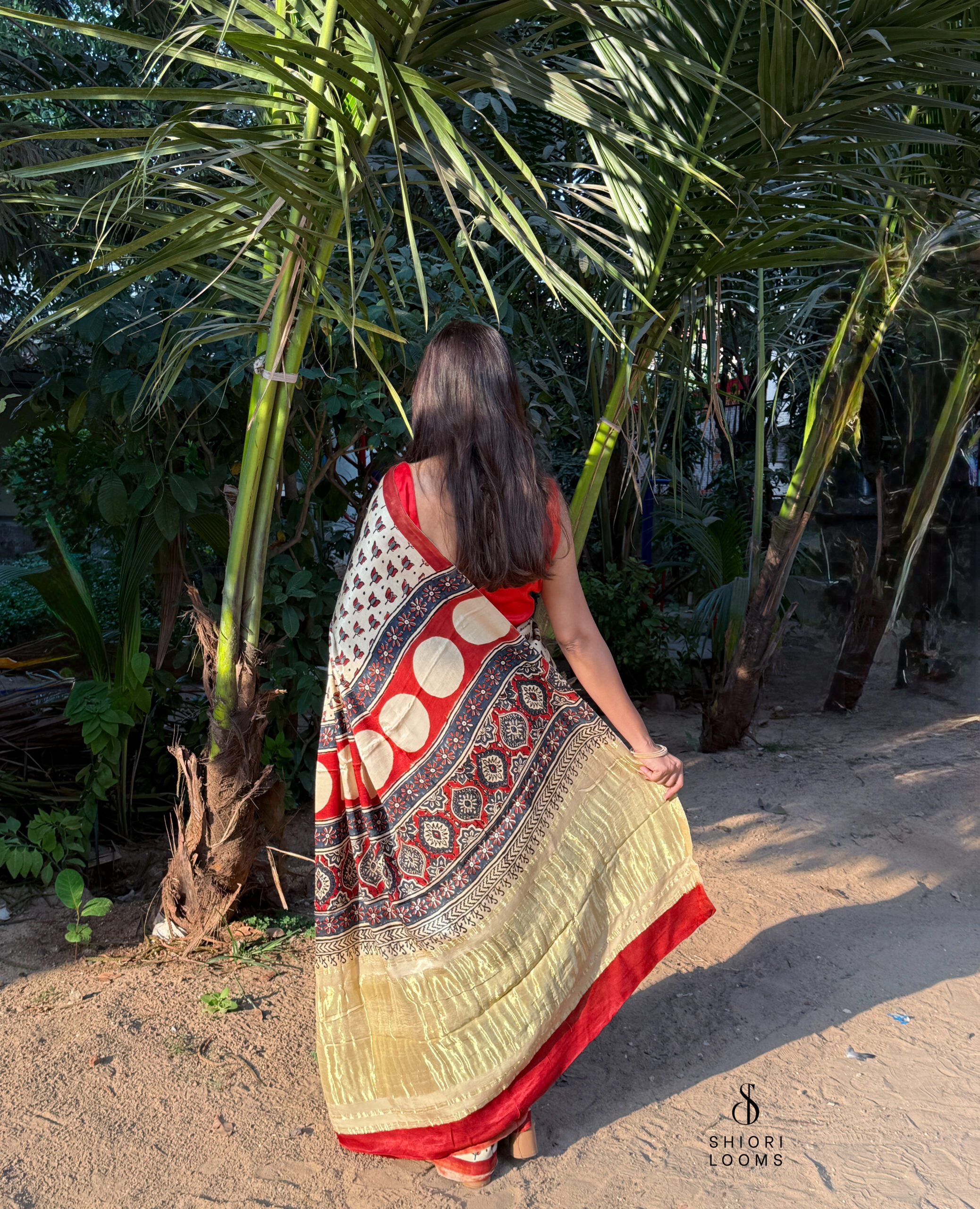 Ajrakh Handblock Printed Gajji Silk Saree in Beige