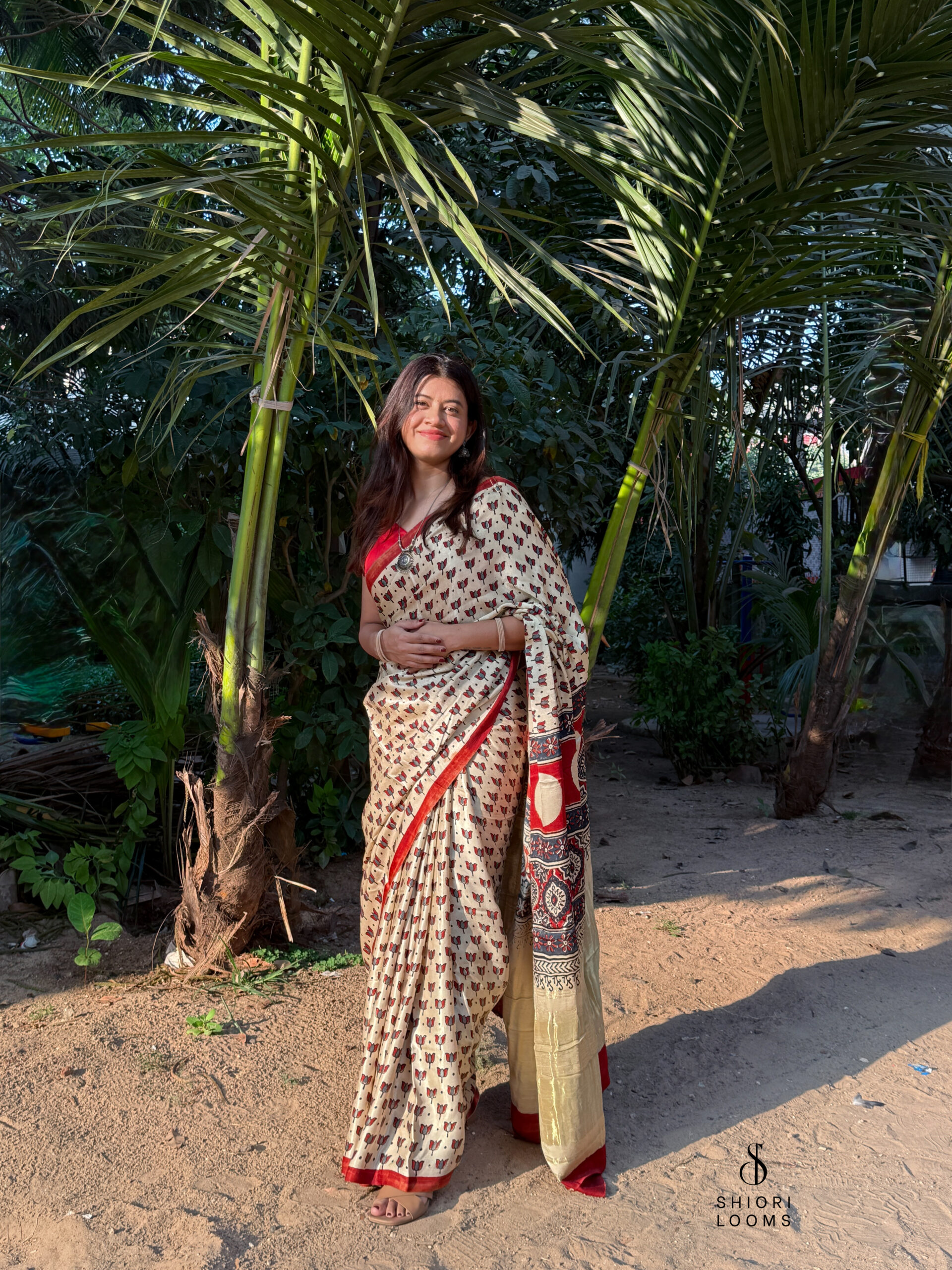 Ajrakh Handblock Printed Gajji Silk Saree in Beige