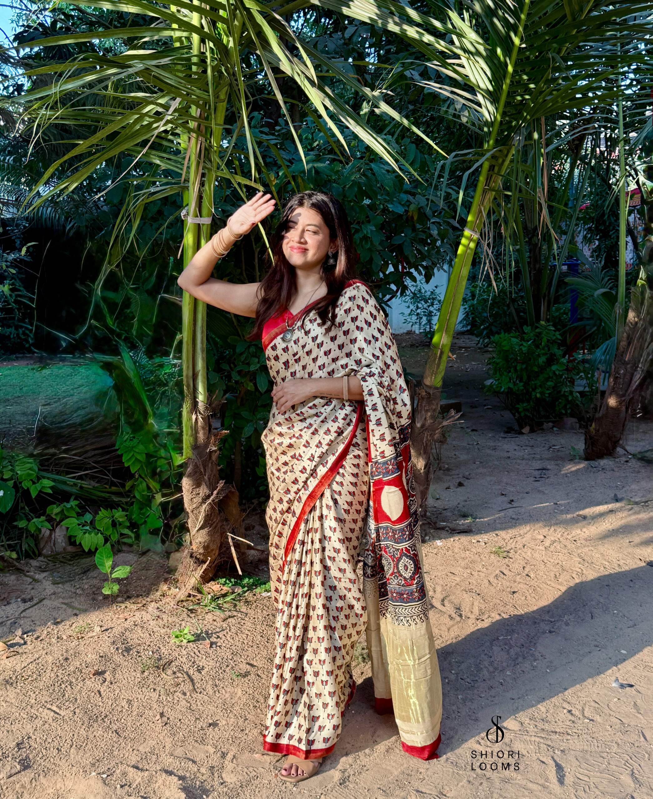 Ajrakh Handblock Printed Gajji Silk Saree in Beige