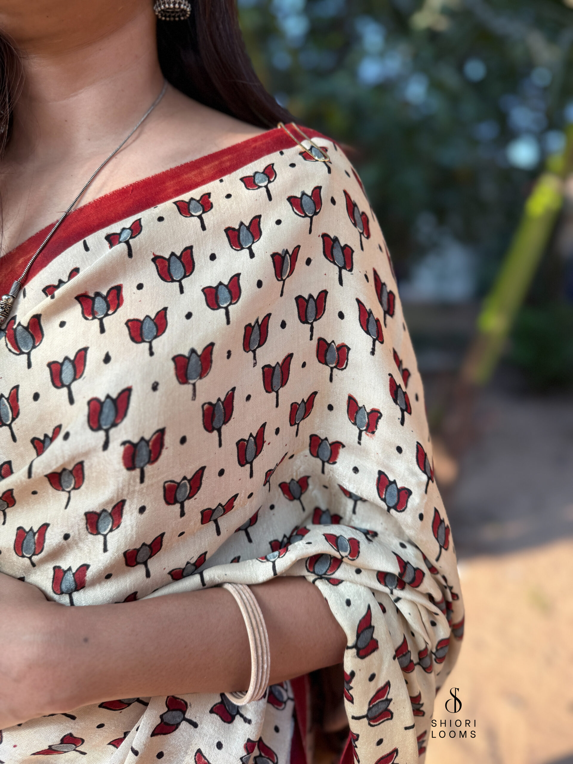 Ajrakh Handblock Printed Gajji Silk Saree in Beige