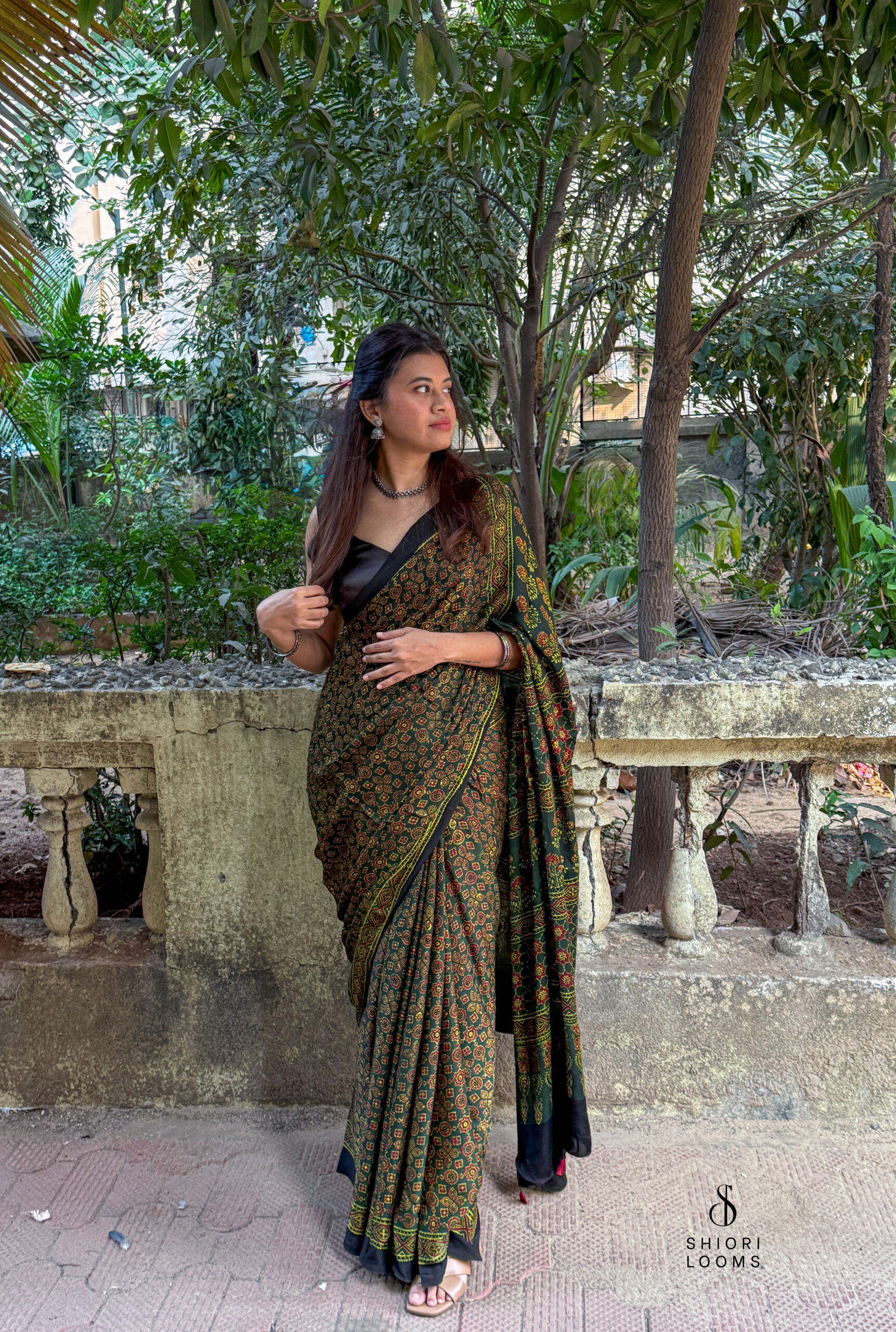 Ajrakh Handblock Printed Modal Silk Saree - Green and Yellow