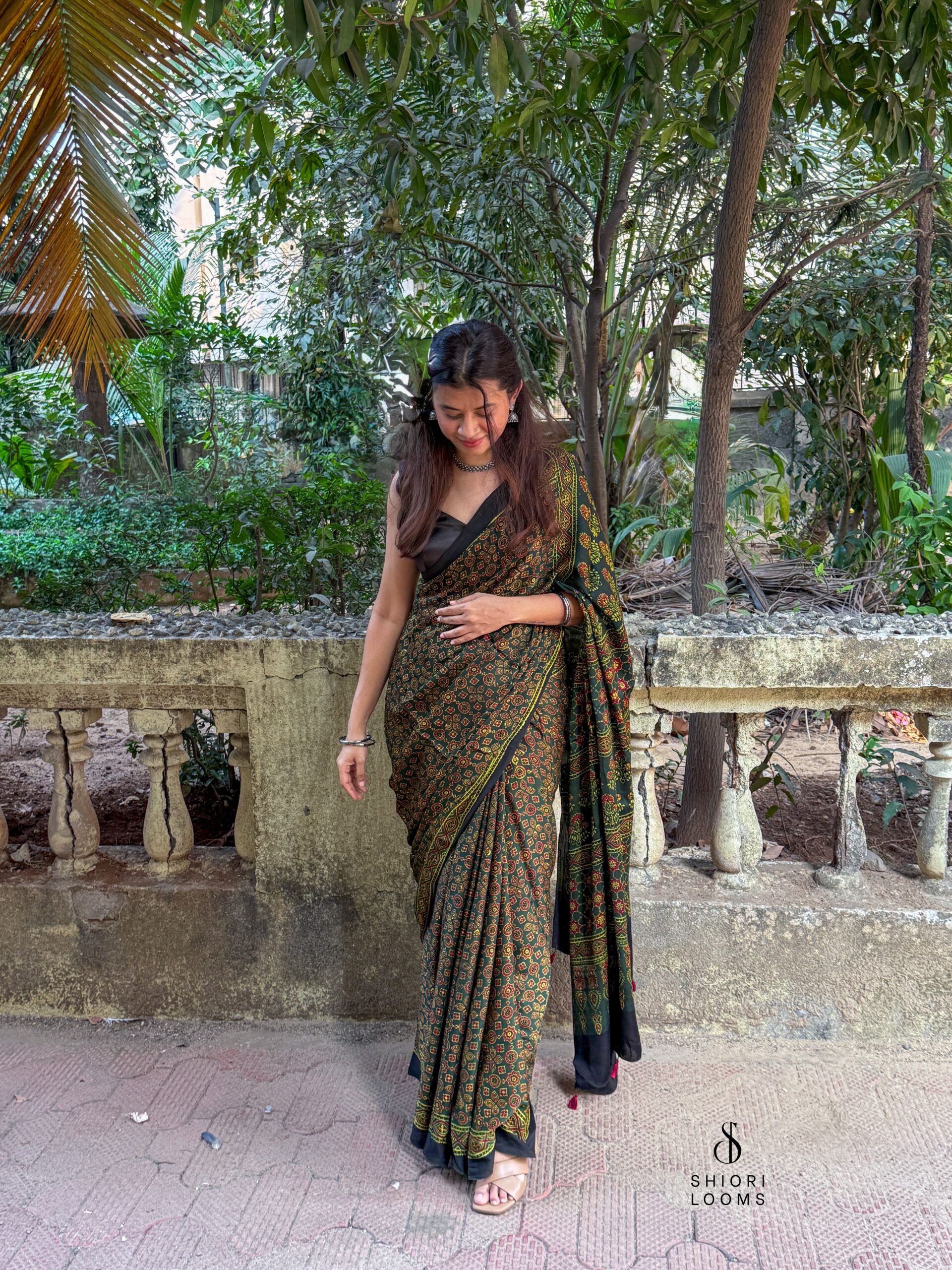 Ajrakh Handblock Printed Modal Silk Saree - Green and Yellow