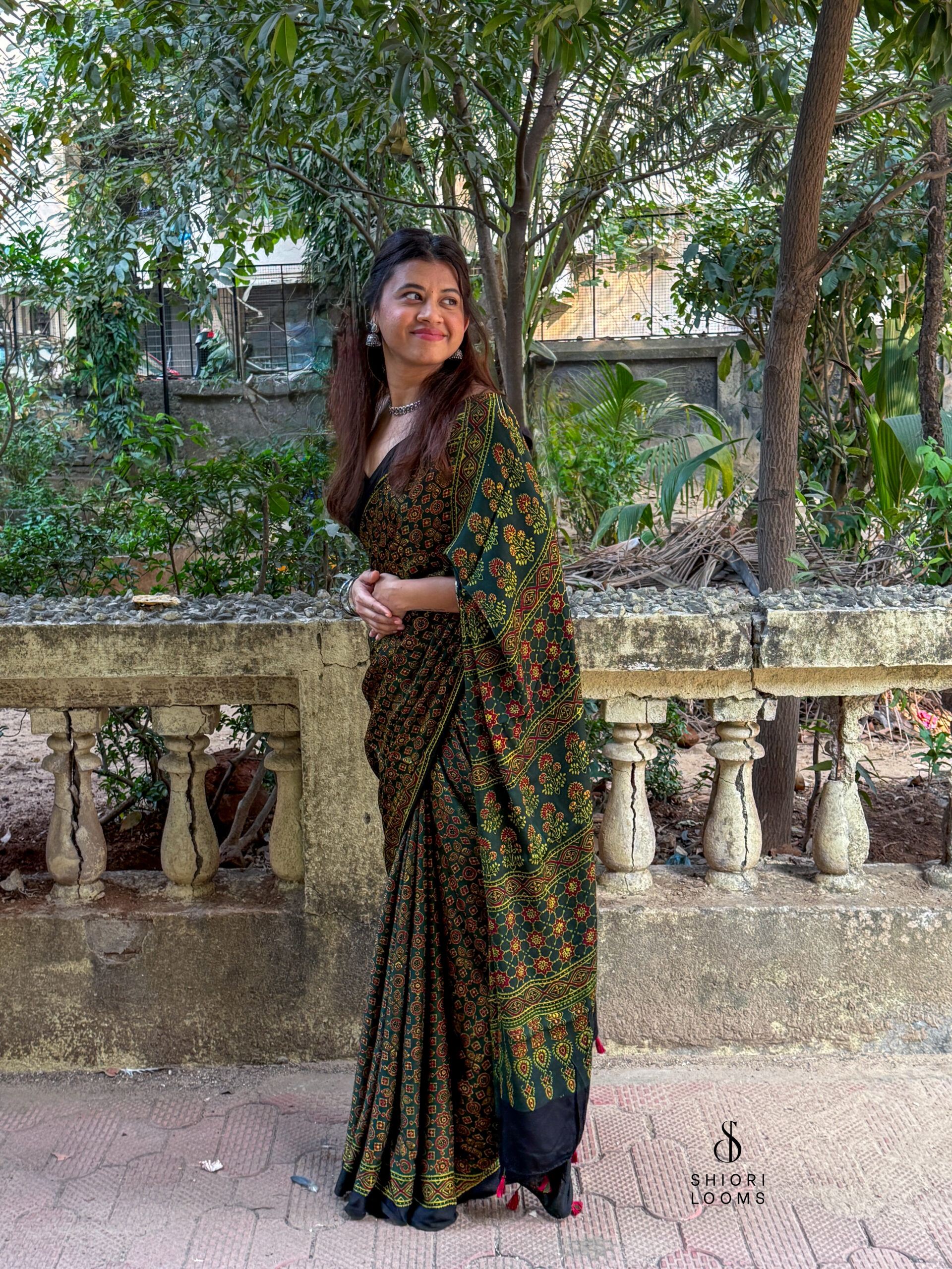 Ajrakh Handblock Printed Modal Silk Saree - Green and Yellow