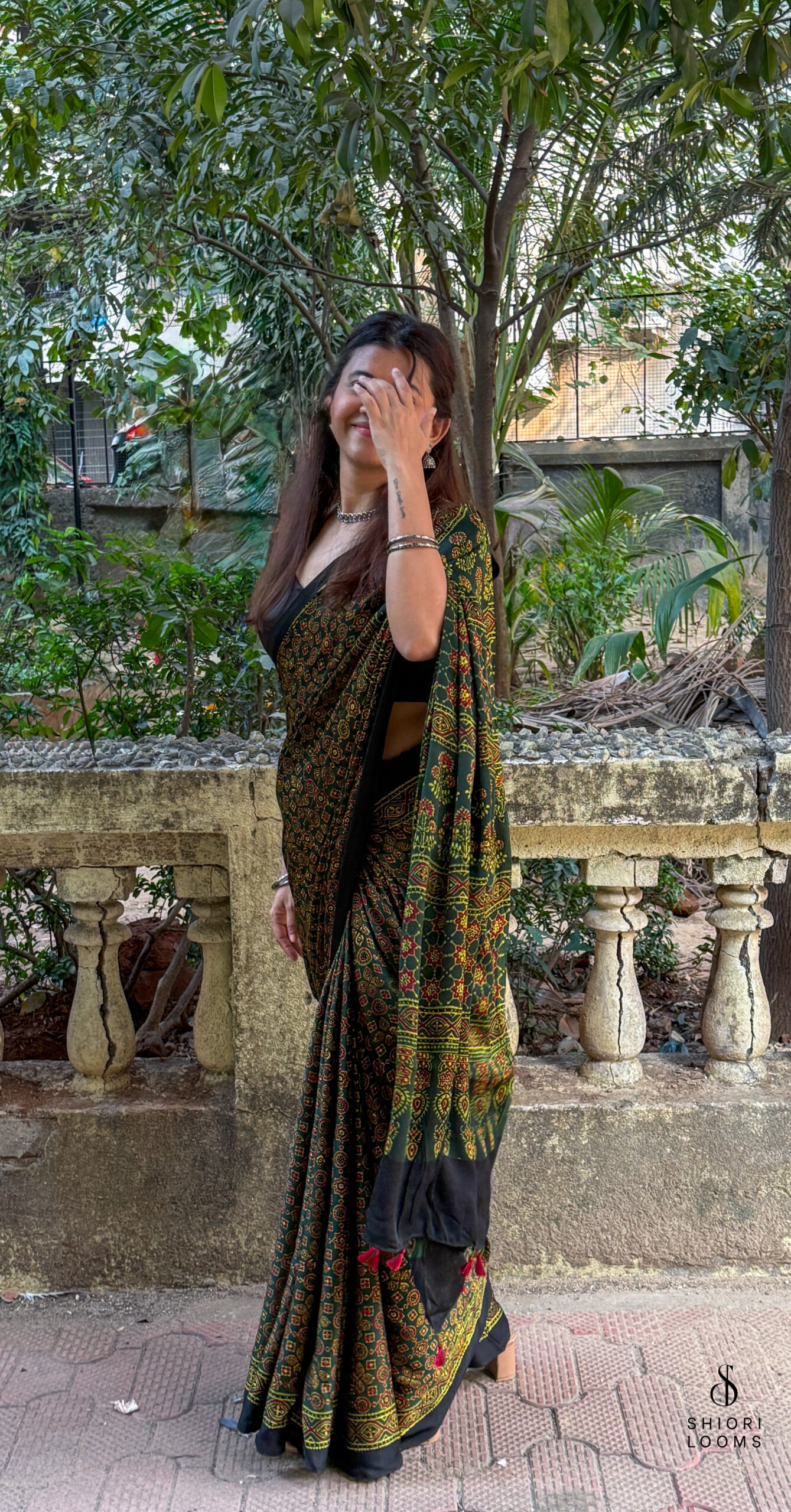 Ajrakh Handblock Printed Modal Silk Saree - Green and Yellow