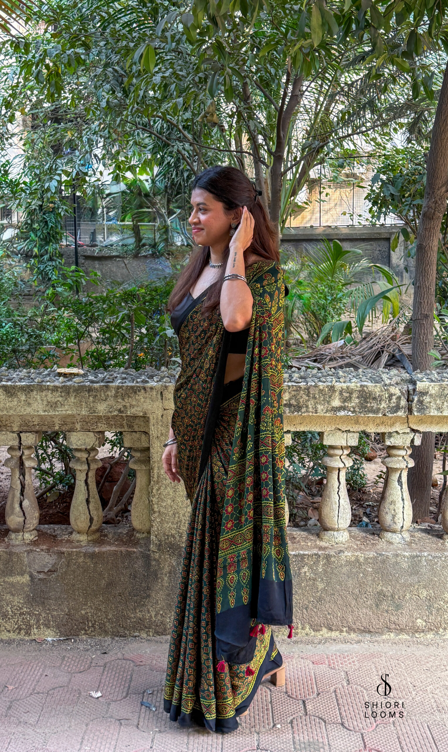 Ajrakh Handblock Printed Modal Silk Saree - Green and Yellow
