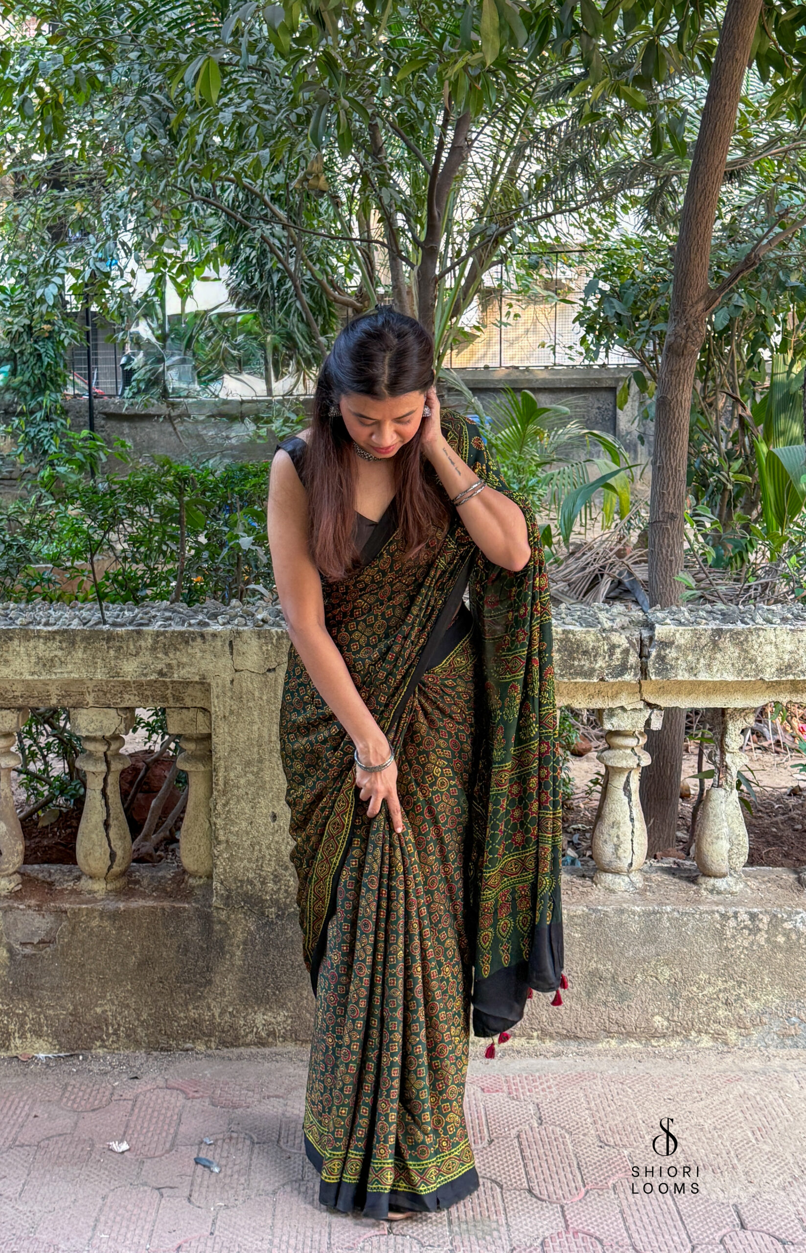 Ajrakh Handblock Printed Modal Silk Saree - Green and Yellow
