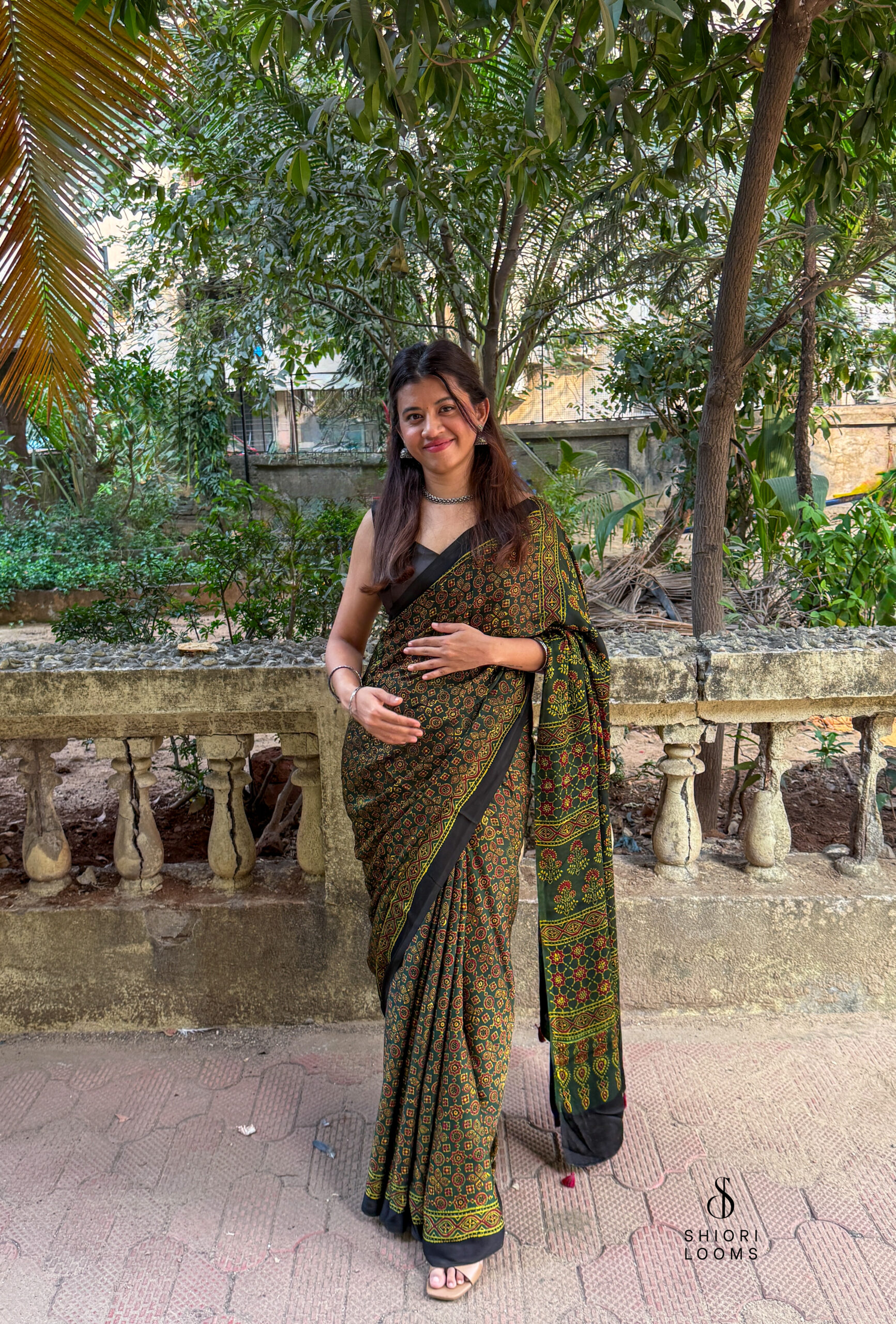 Ajrakh Handblock Printed Modal Silk Saree - Green and Yellow