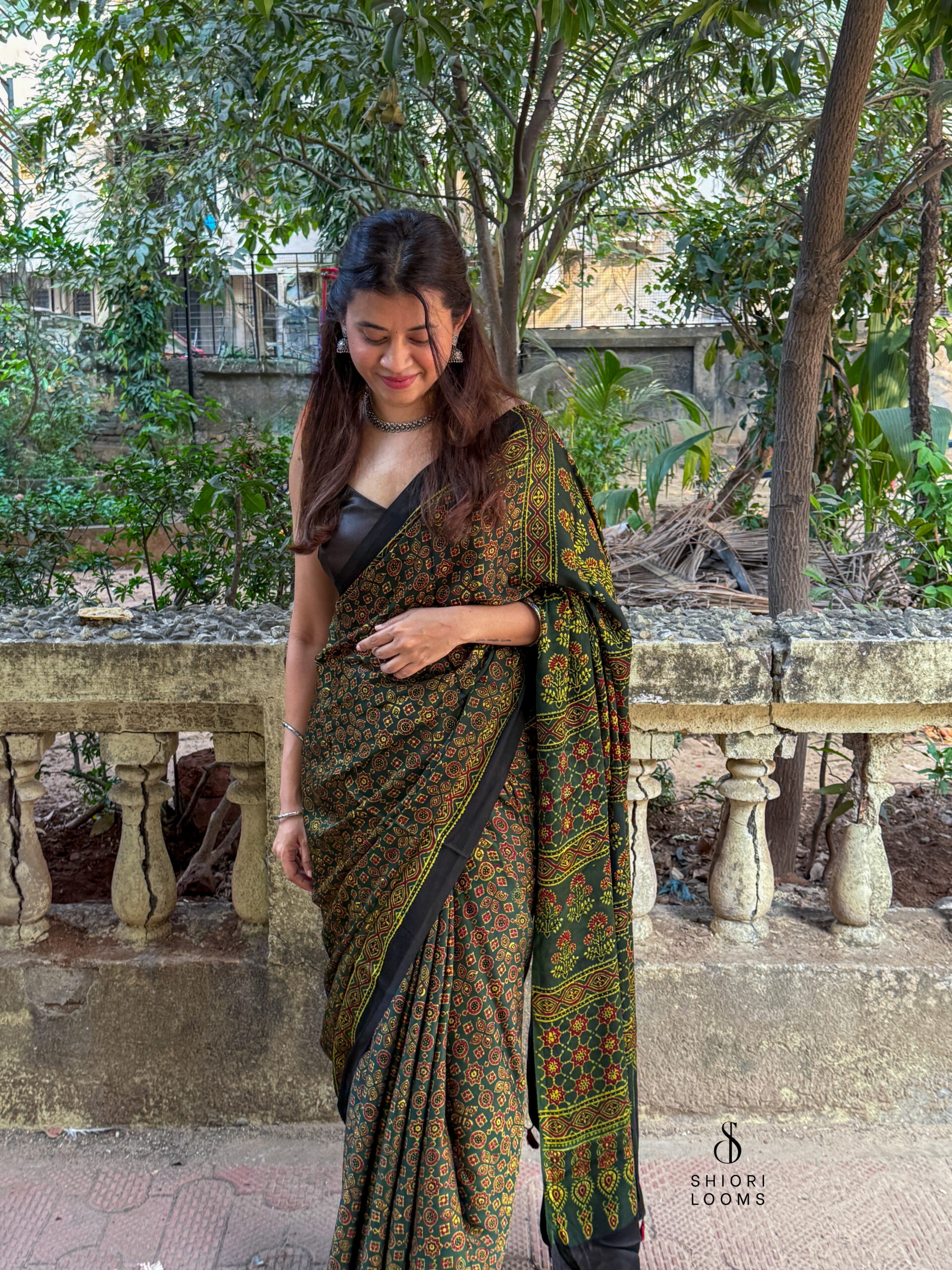 Ajrakh Handblock Printed Modal Silk Saree - Green and Yellow