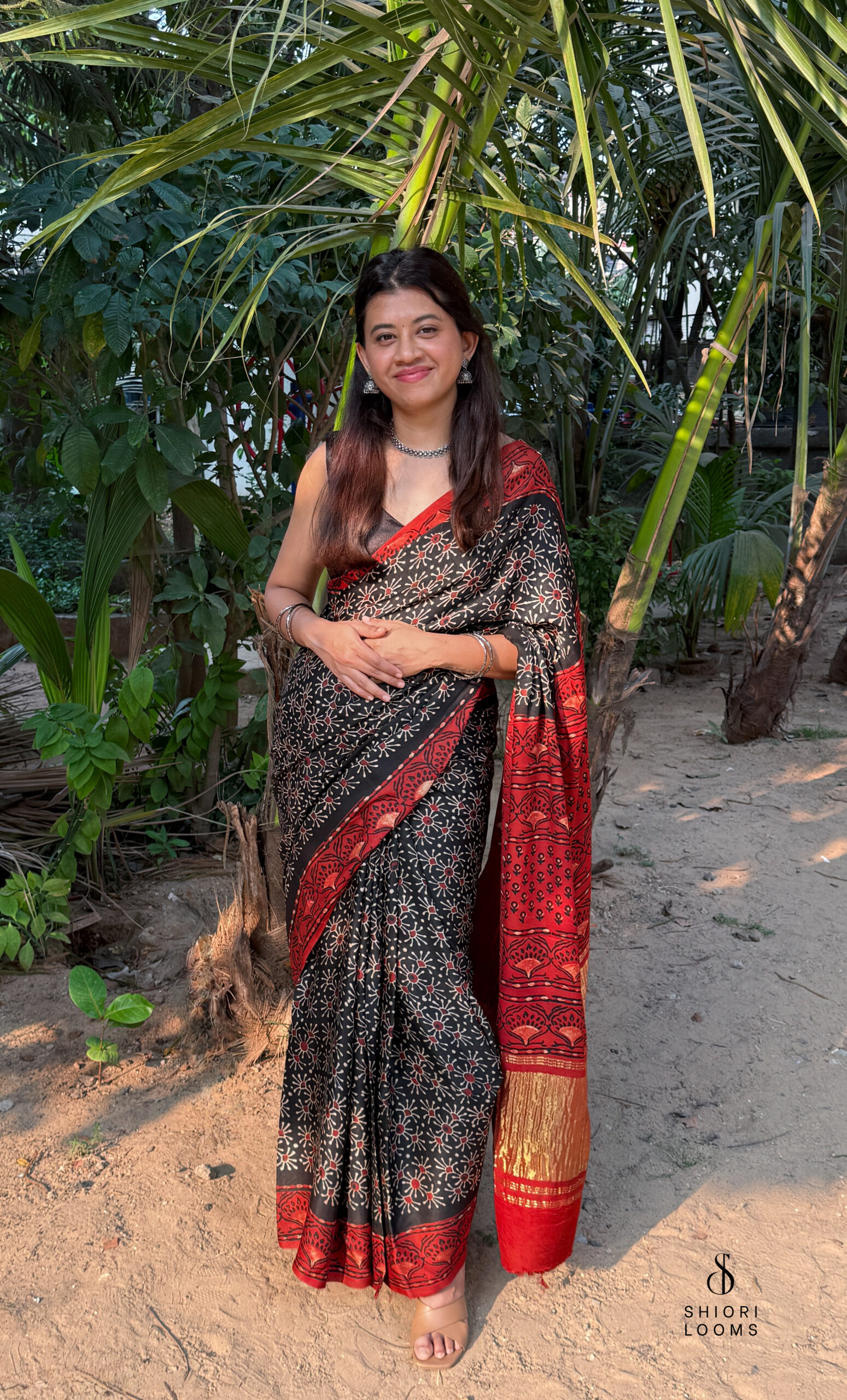 Bagru and Ajrakh Handblock Printed Modal Silk Saree