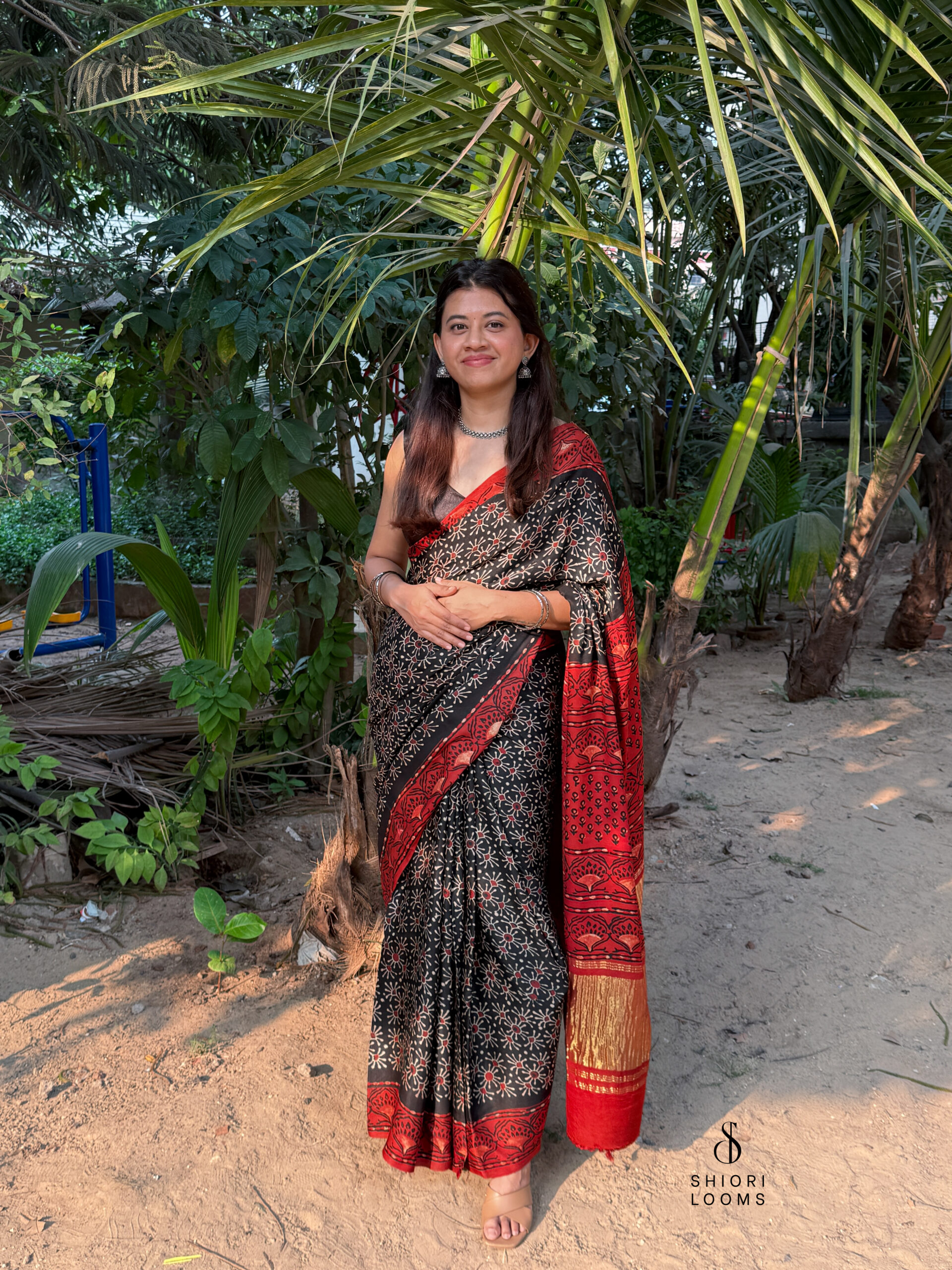 Bagru and Ajrakh Handblock Printed Modal Silk Saree