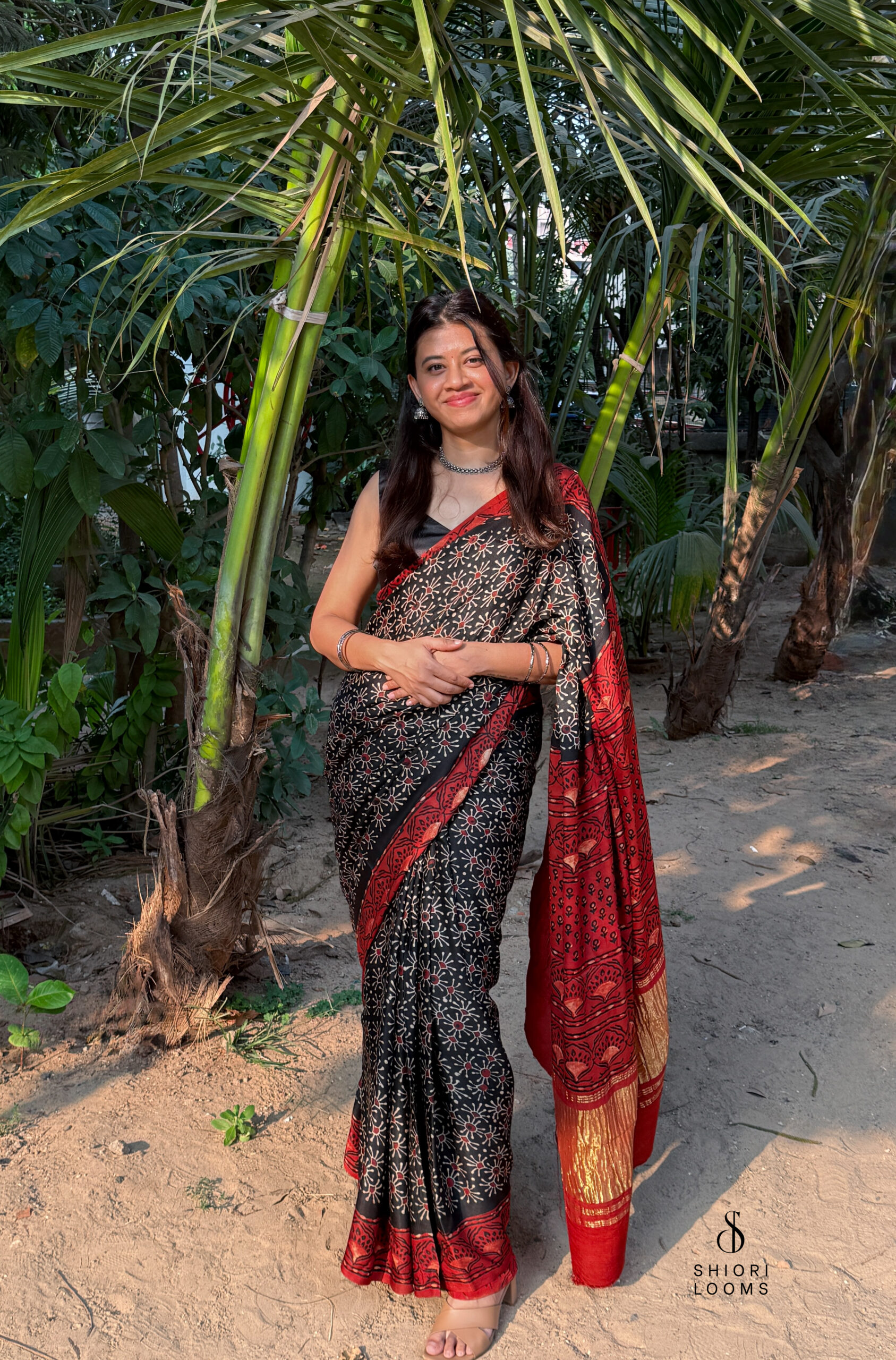 Bagru and Ajrakh Handblock Printed Modal Silk Saree