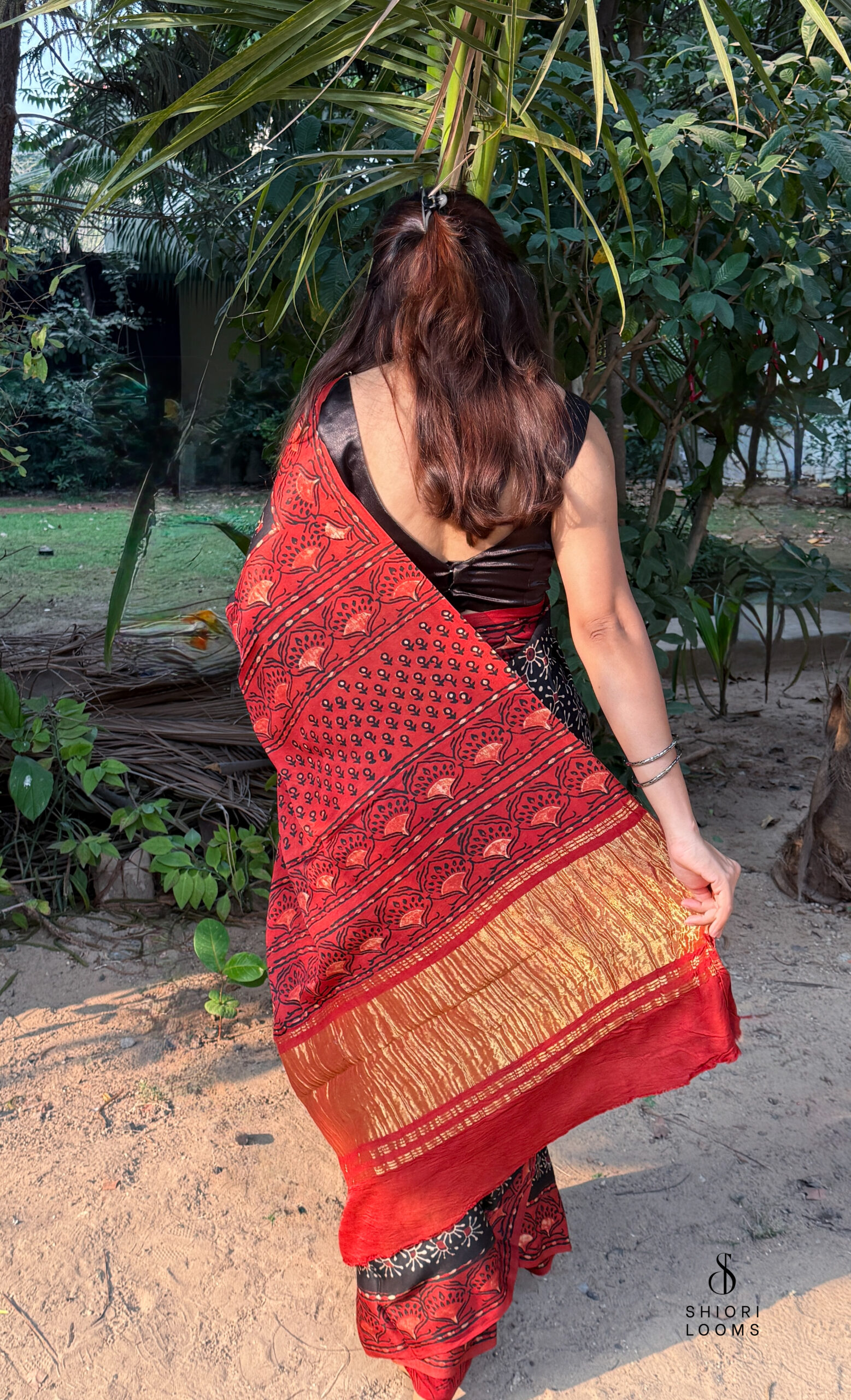Bagru and Ajrakh Handblock Printed Modal Silk Saree