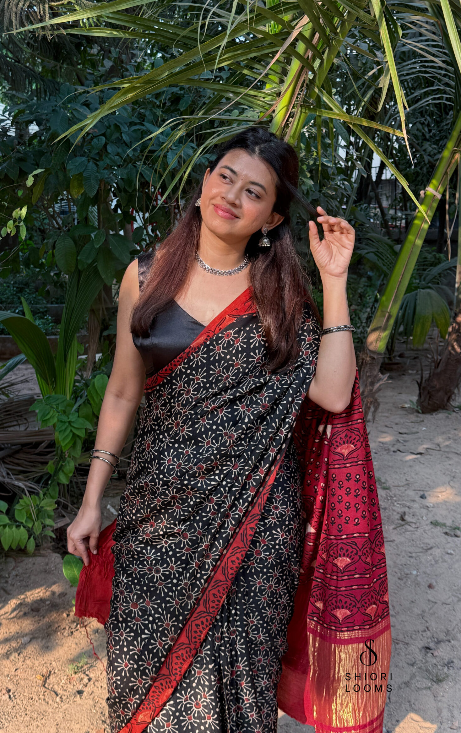 Bagru and Ajrakh Handblock Printed Modal Silk Saree