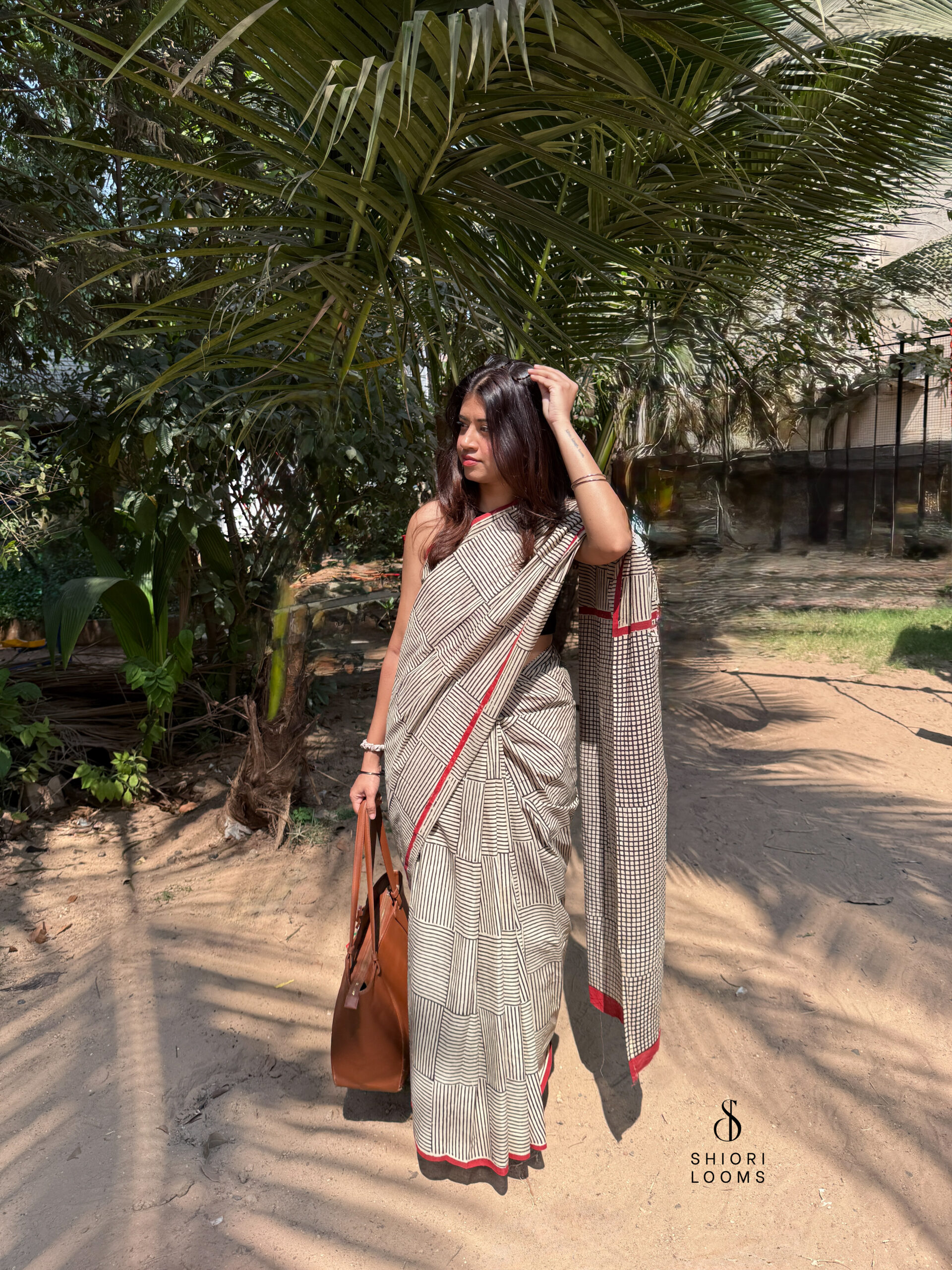 Handblock Printed Mul Cotton Saree in Beige