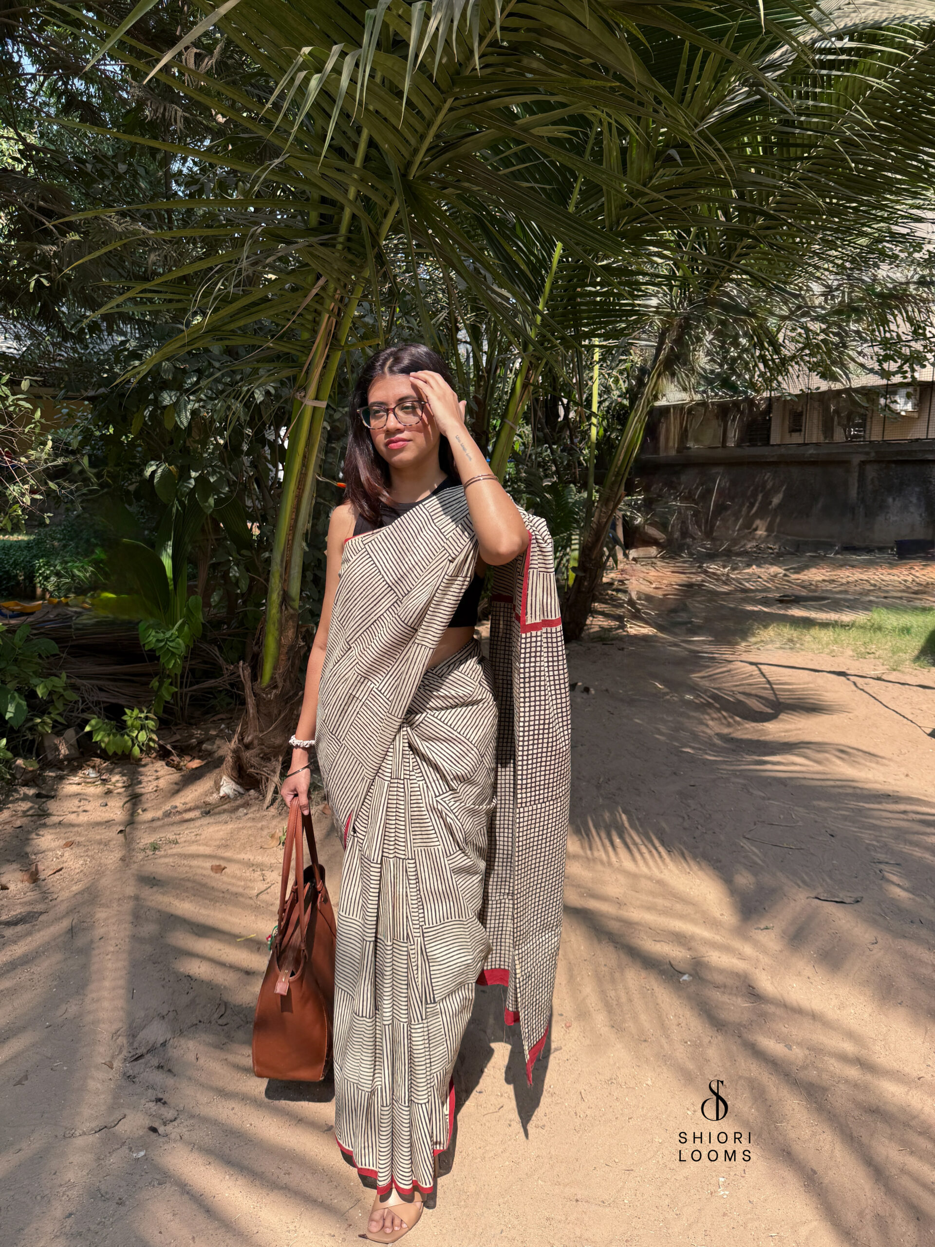 Handblock Printed Mul Cotton Saree in Beige