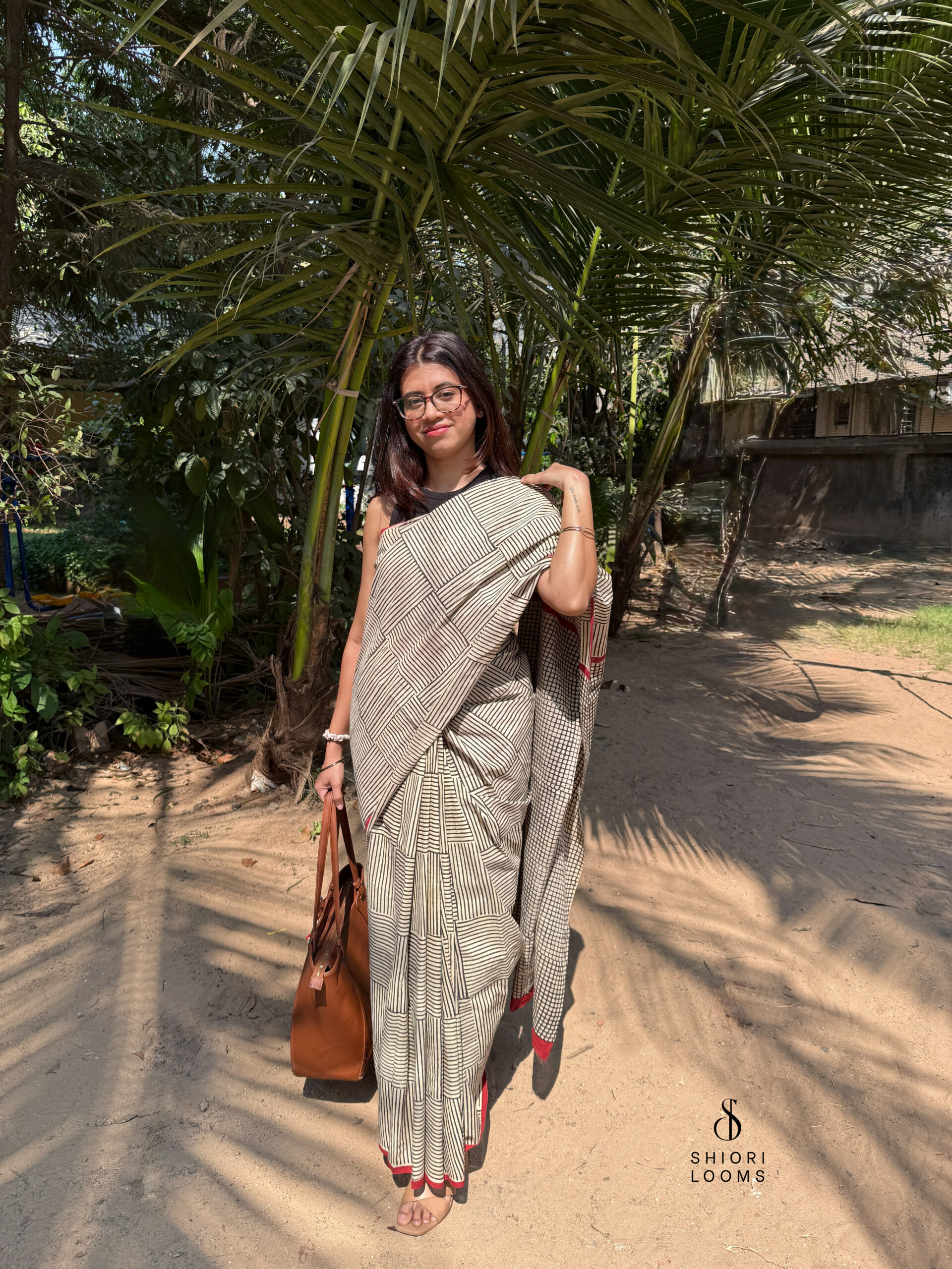 Handblock Printed Mul Cotton Saree in Beige
