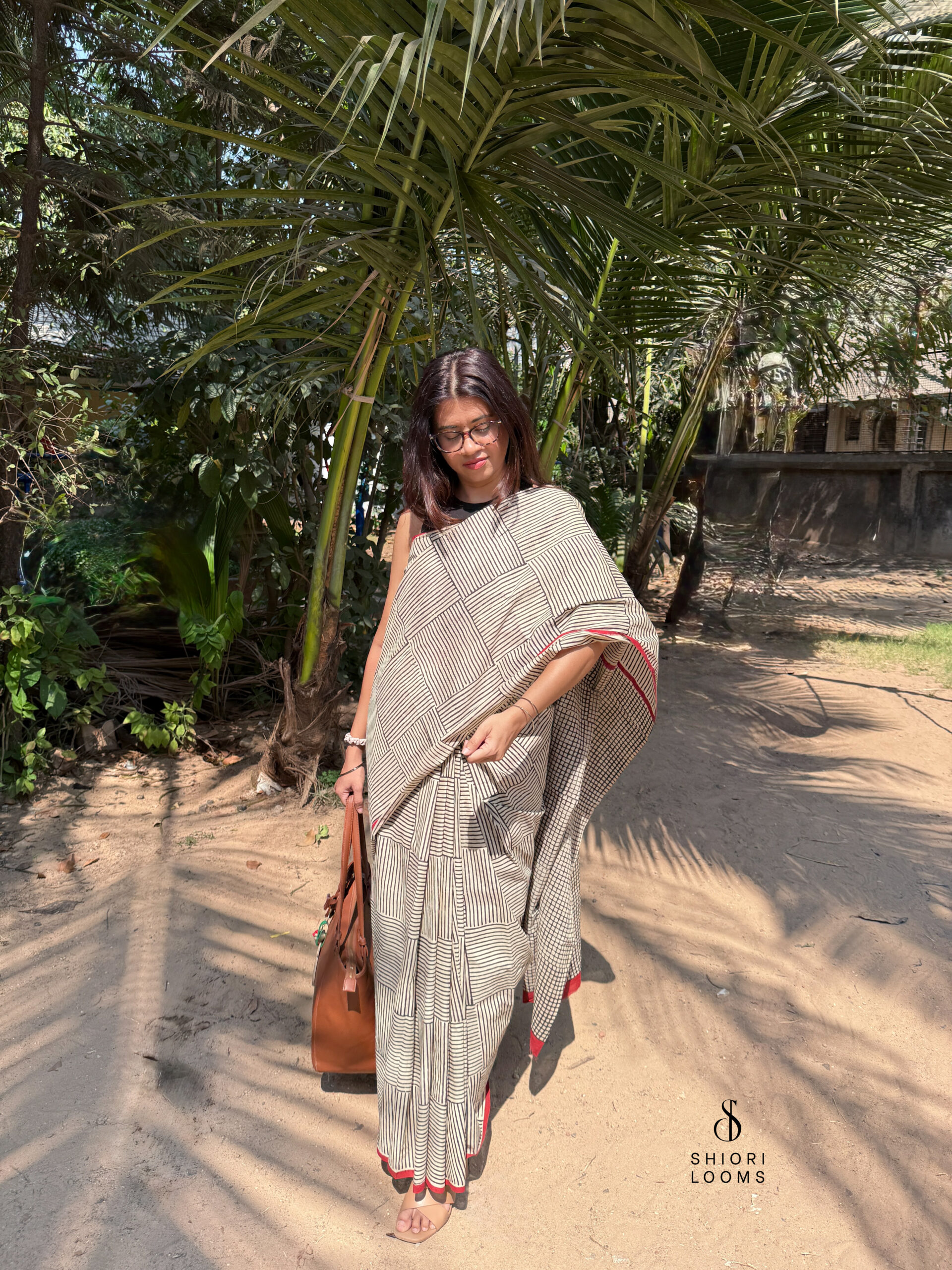 Handblock Printed Mul Cotton Saree in Beige