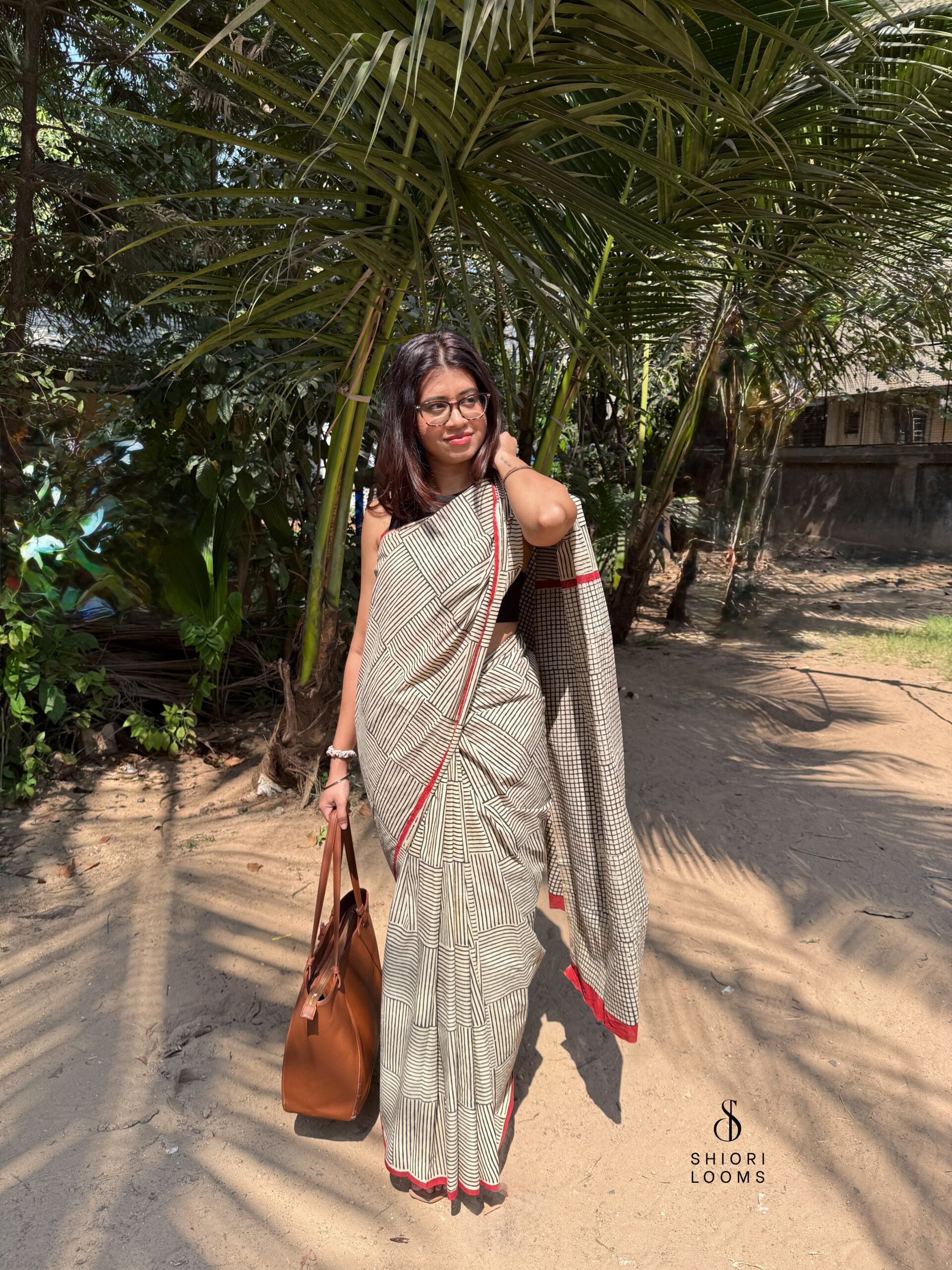 Handblock Printed Mul Cotton Saree in Beige