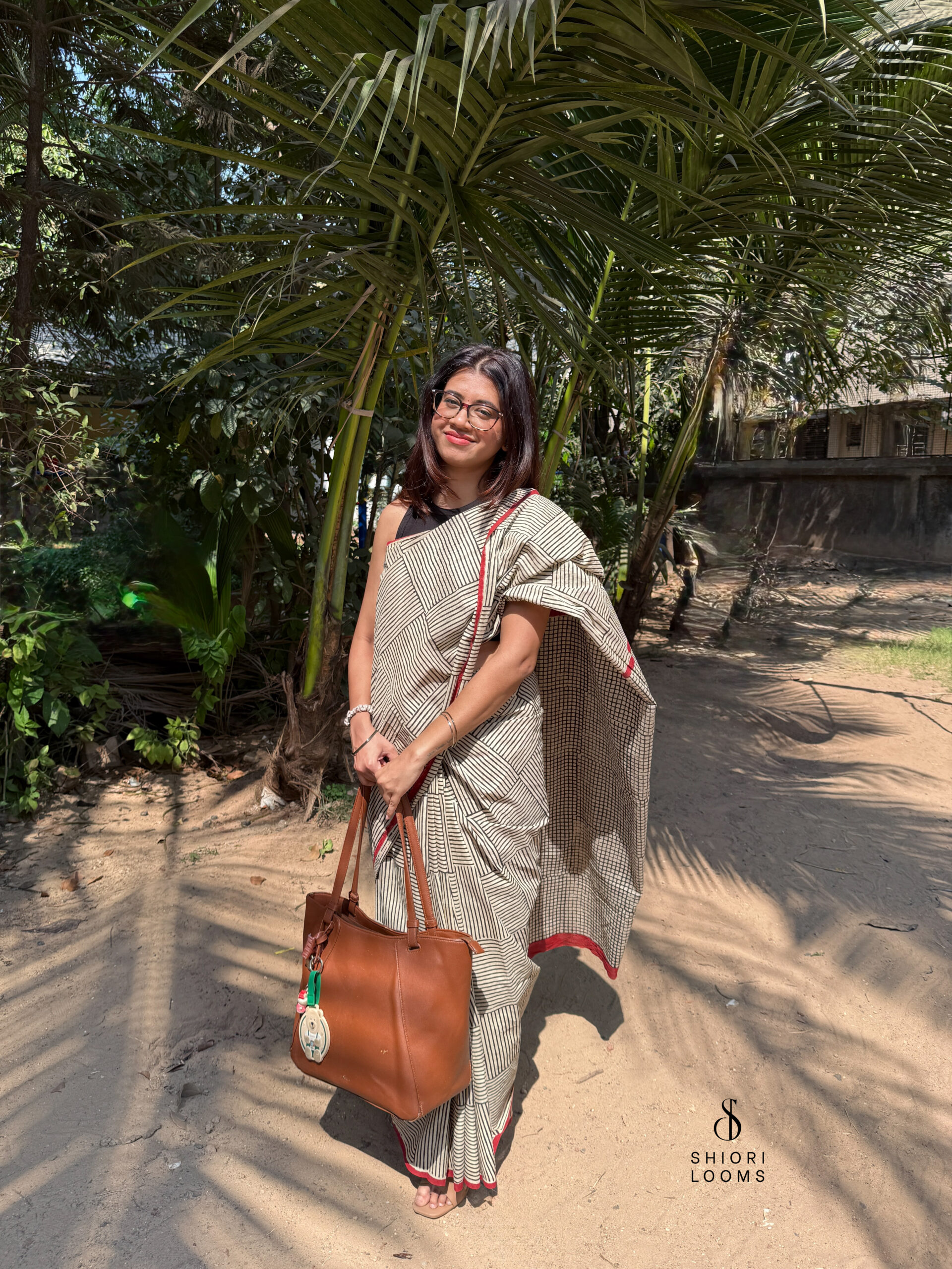 Handblock Printed Mul Cotton Saree in Beige