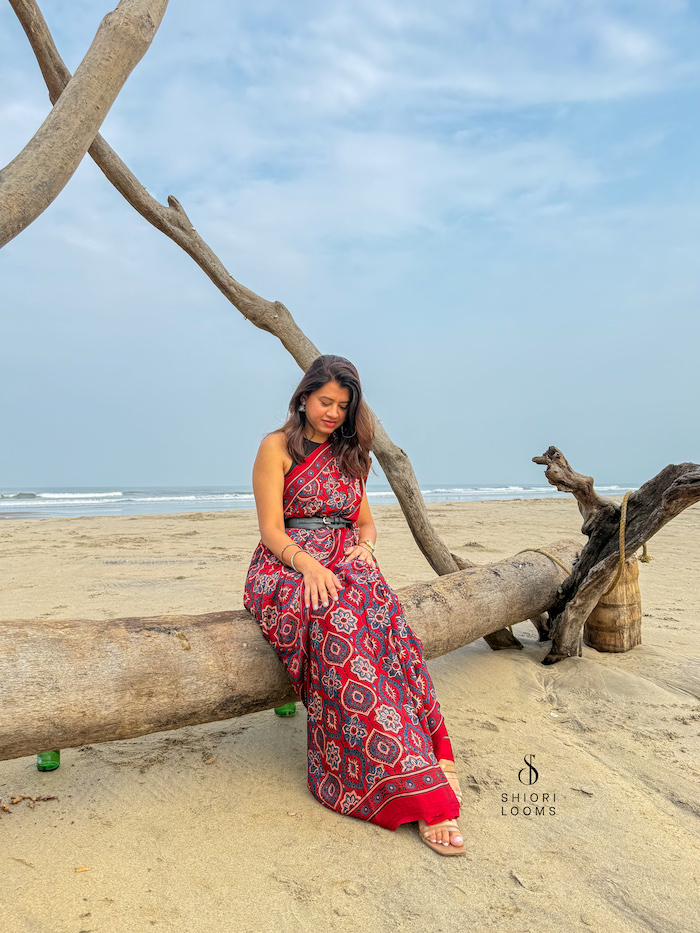 Ajrakh Handblock Printed Modal Silk Saree in Red