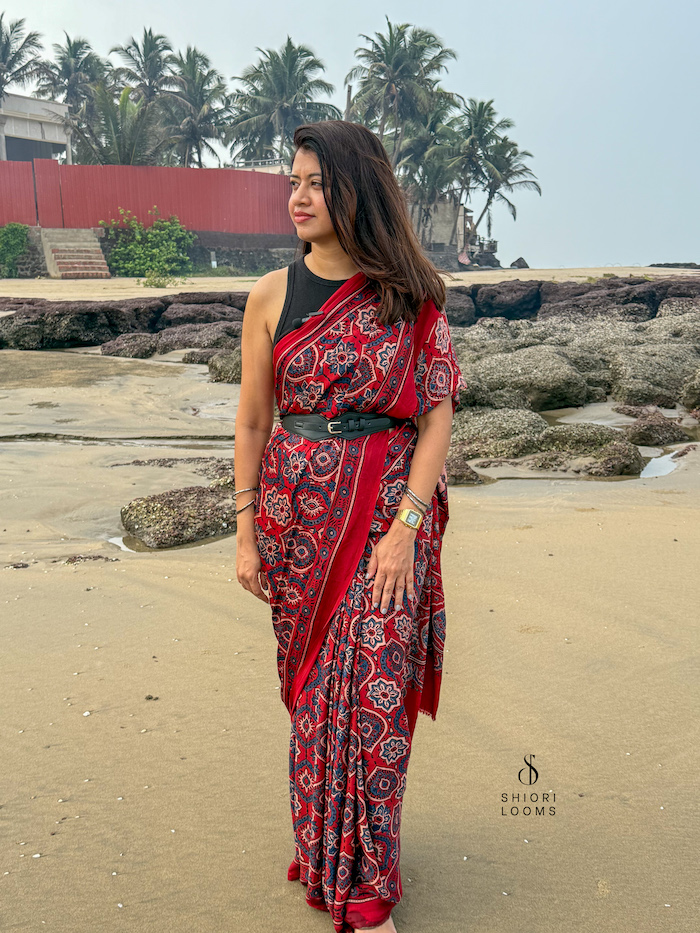 Ajrakh Handblock Printed Modal Silk Saree in Red