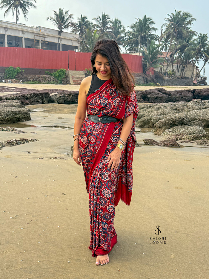 Ajrakh Handblock Printed Modal Silk Saree in Red