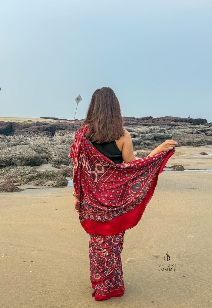 Ajrakh Handblock Printed Modal Silk Saree in Red