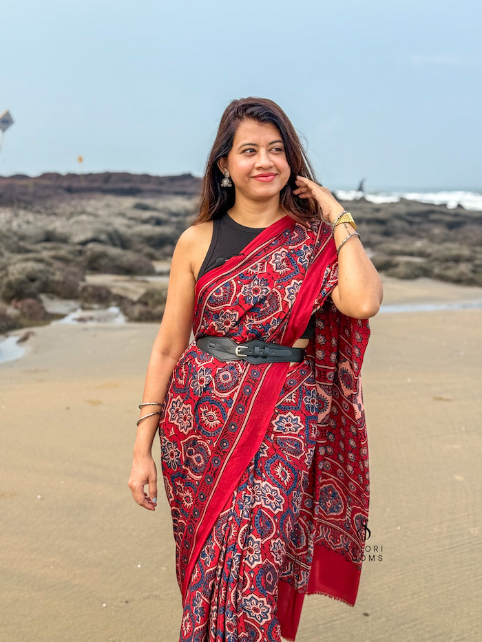Ajrakh Handblock Printed Modal Silk Saree in Red