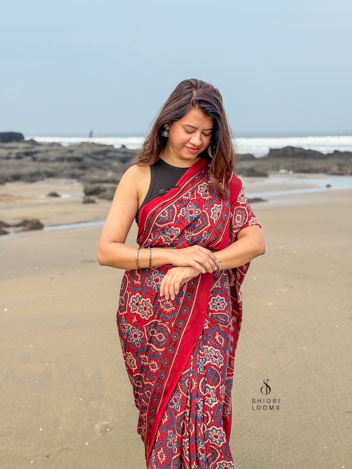 Ajrakh Handblock Printed Modal Silk Saree in Red