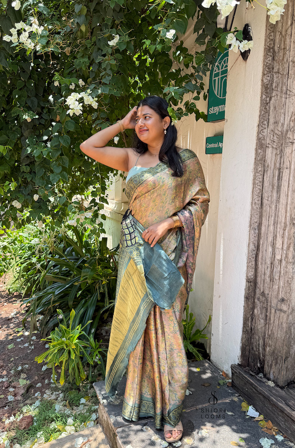 Ajrakh Handblock Printed Gajji Silk Saree in Pastel