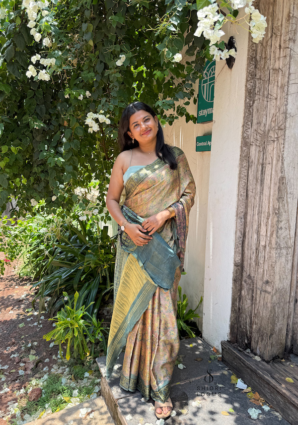 Ajrakh Handblock Printed Gajji Silk Saree in Pastel
