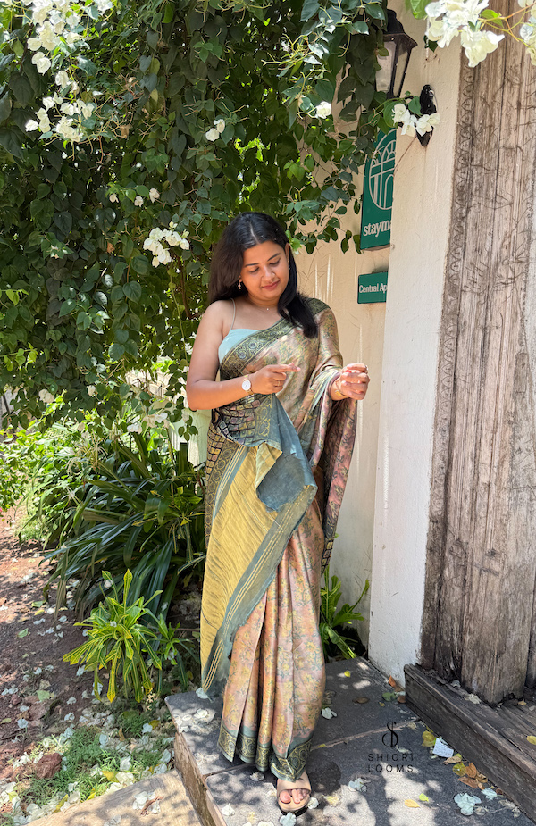 Ajrakh Handblock Printed Gajji Silk Saree in Pastel
