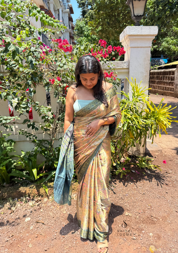 Ajrakh Handblock Printed Gajji Silk Saree in Pastel