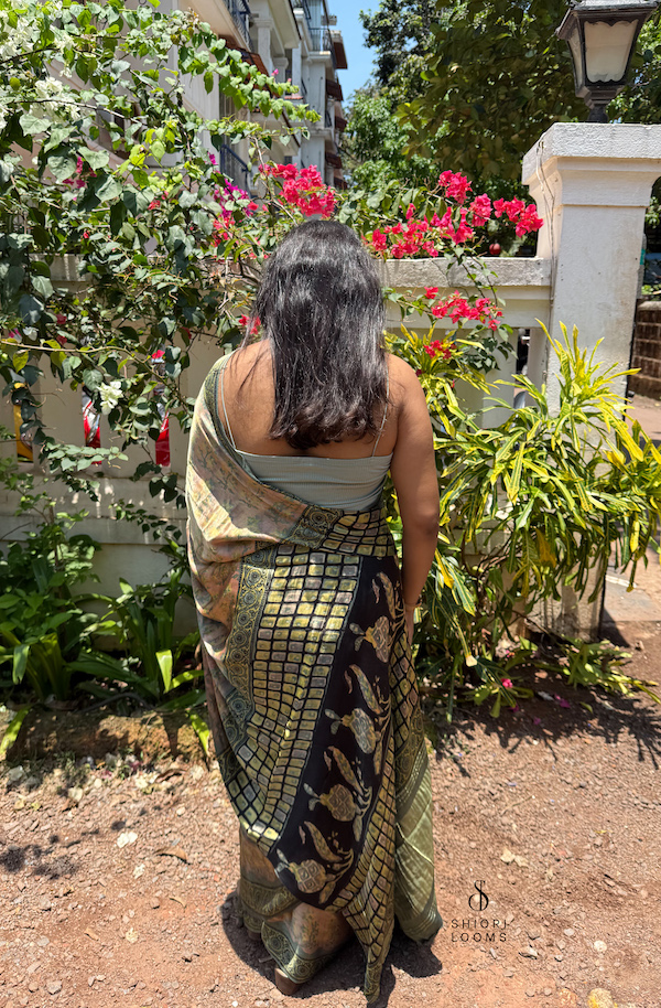 Ajrakh Handblock Printed Gajji Silk Saree in Pastel