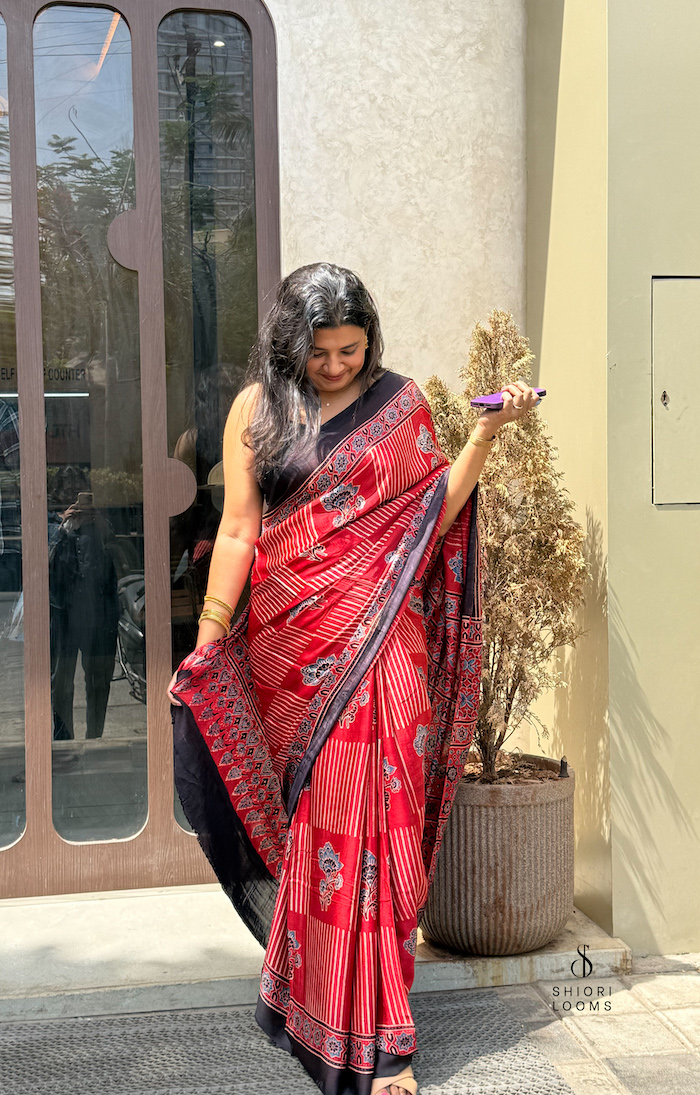 Red Ajrakh Handblock Printed Modal Silk Saree