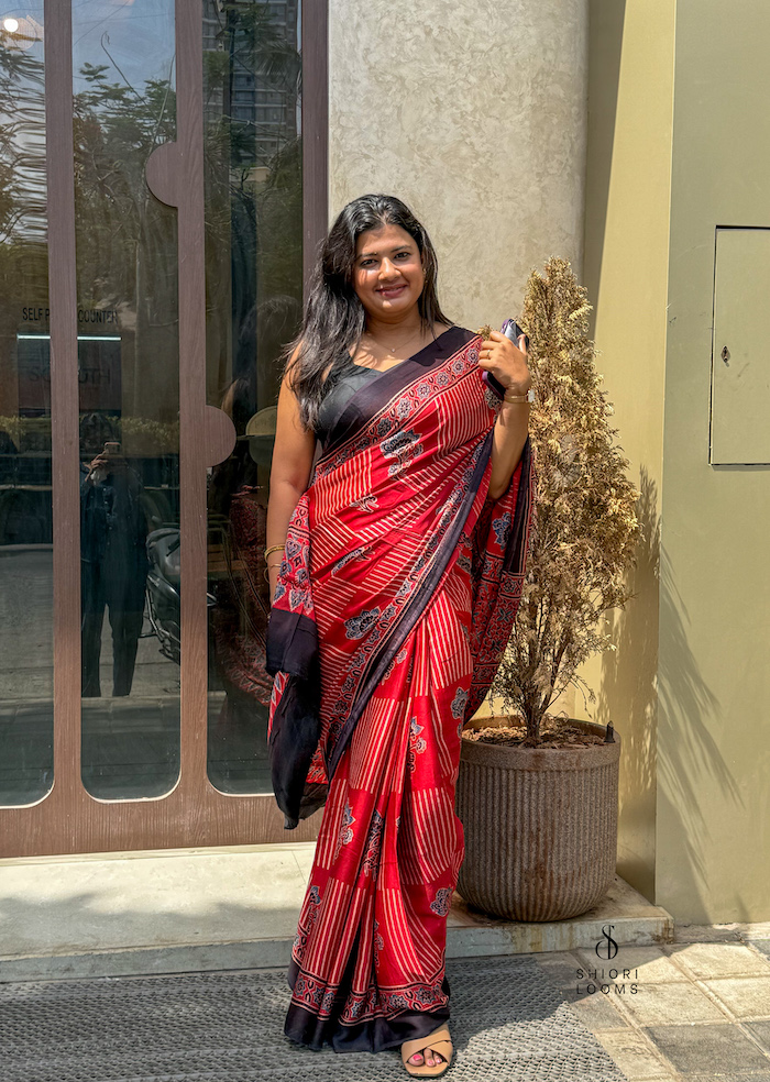 Red Ajrakh Handblock Printed Modal Silk Saree